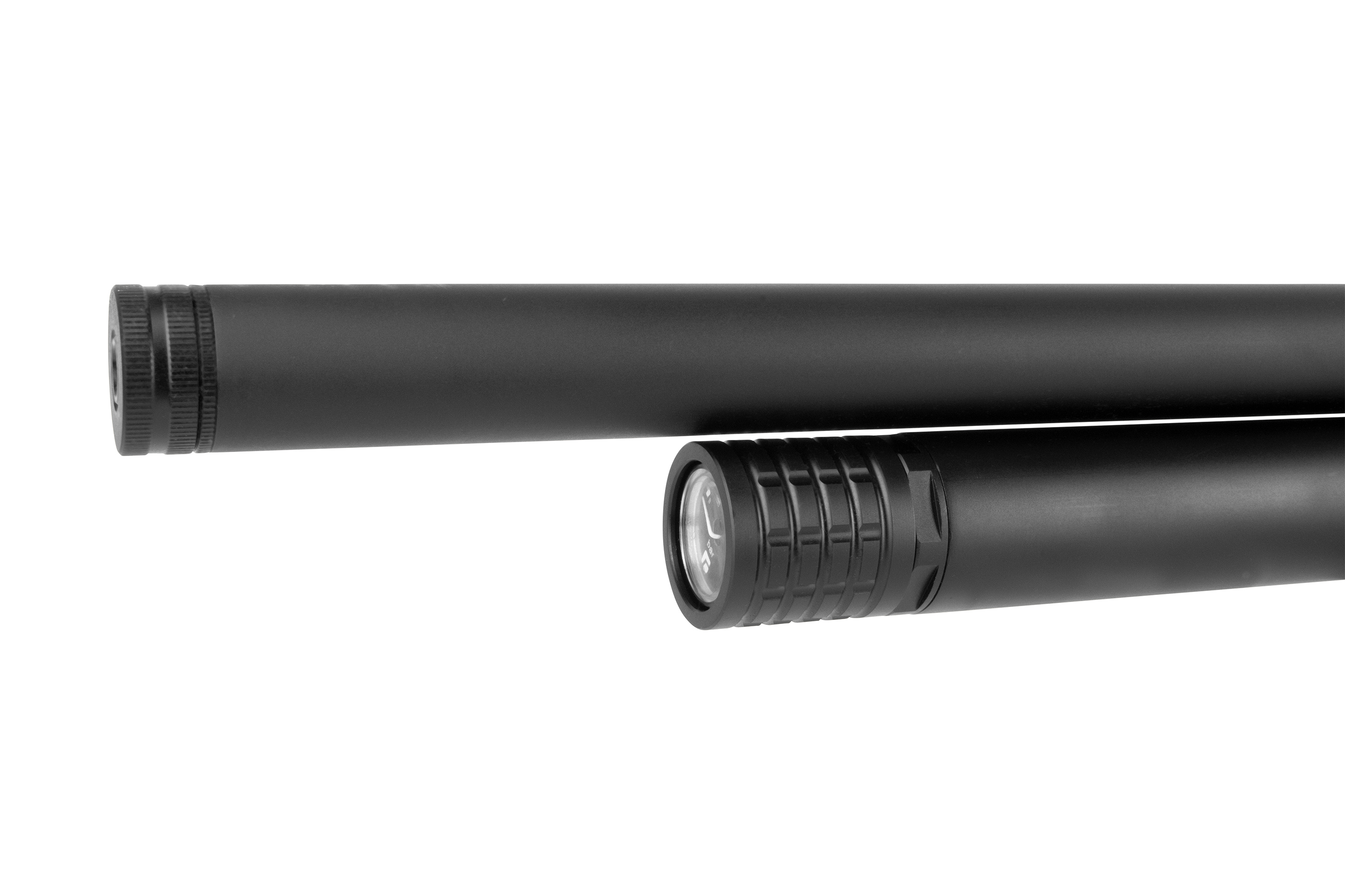 Schwarzer Luftgewehr-Schalldämpfer mit strukturiertem Griff und Gewindeende zur einfachen Befestigung an Schusswaffen.