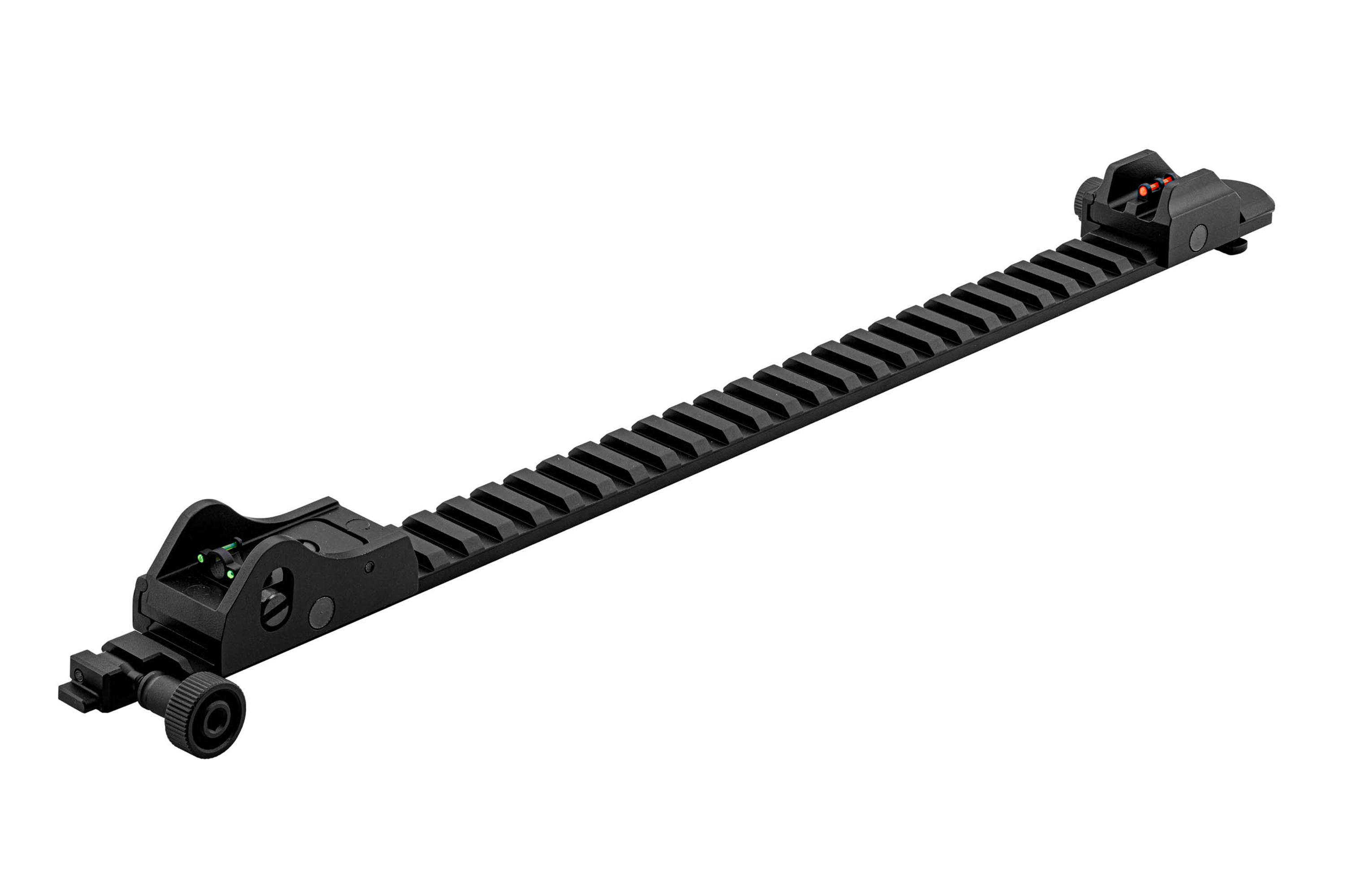 Schwarze Picatinny-Schienenhalterung aus Metall mit integrierten, verstellbaren faseroptischen Visieren aus Eisen für Luftgewehre auf weißem Hintergrund.