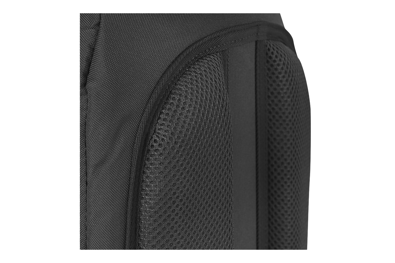 Nahaufnahme eines schwarzen taktischen Rucksacks mit strapazierfähigem Stoff und bequemer, atmungsaktiver Netzpolsterung auf der Rückseite.