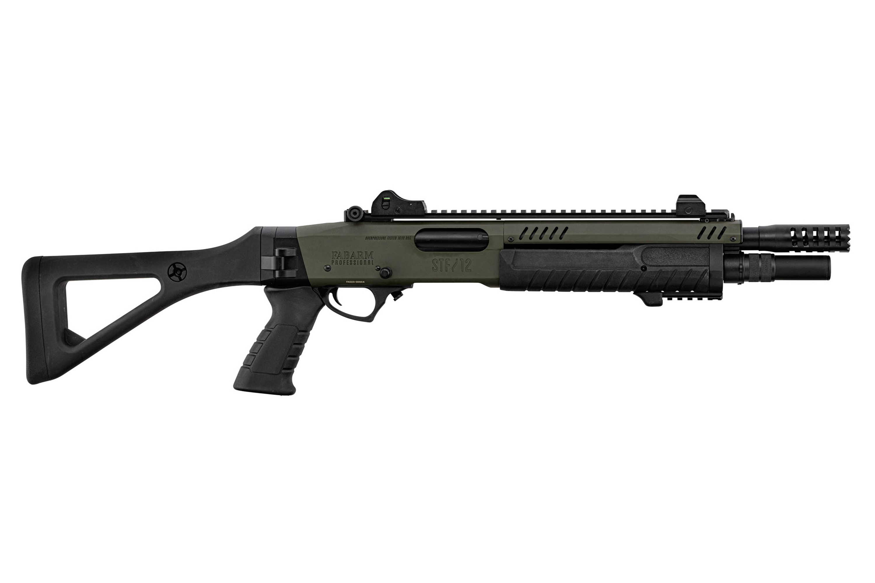 Taktische Airsoft-Schrotflinte Fabarm STF 12 in Olivgrün und Schwarz mit festem Schaft und oberer Schiene zur Optikmontage.