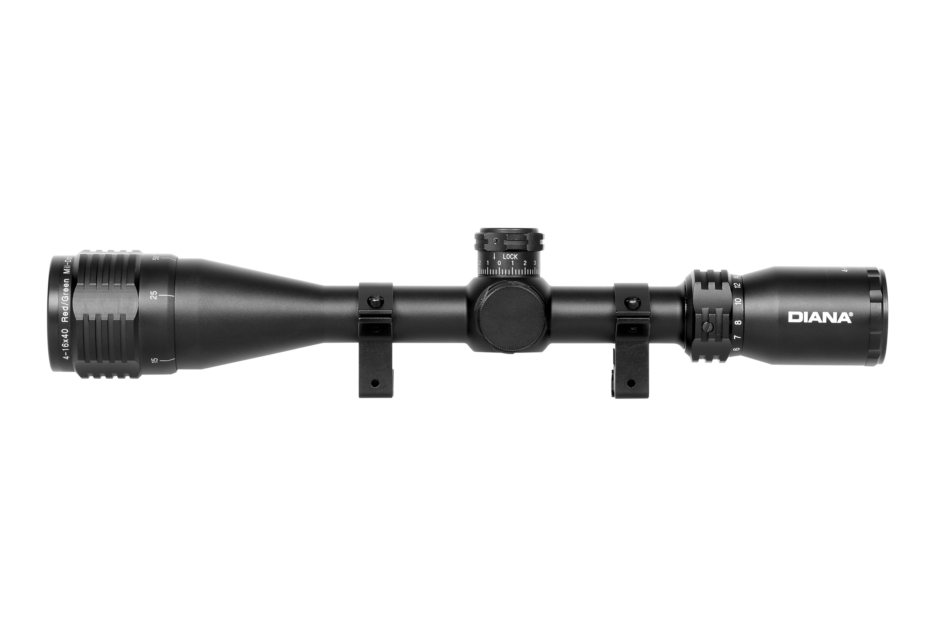 Schwarzes Diana 4-16x40-Zielfernrohr mit rot und grün beleuchtetem Absehen sowie verstellbaren Türmen und Halterungen.