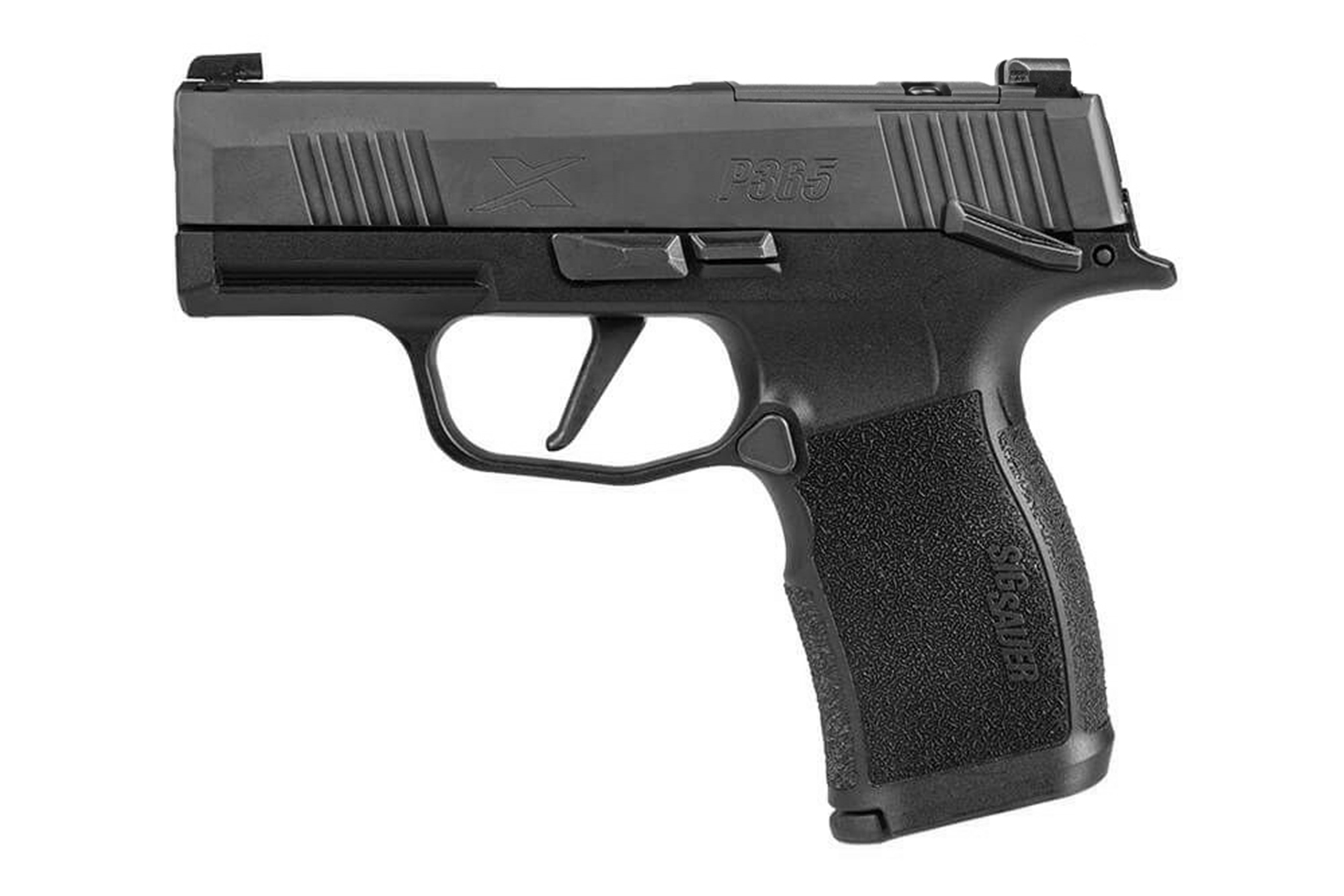 SIG Sauer P365 Luftpistole in Schwarz mit strukturiertem Griff und kompaktem Design für Schusswaffenliebhaber.