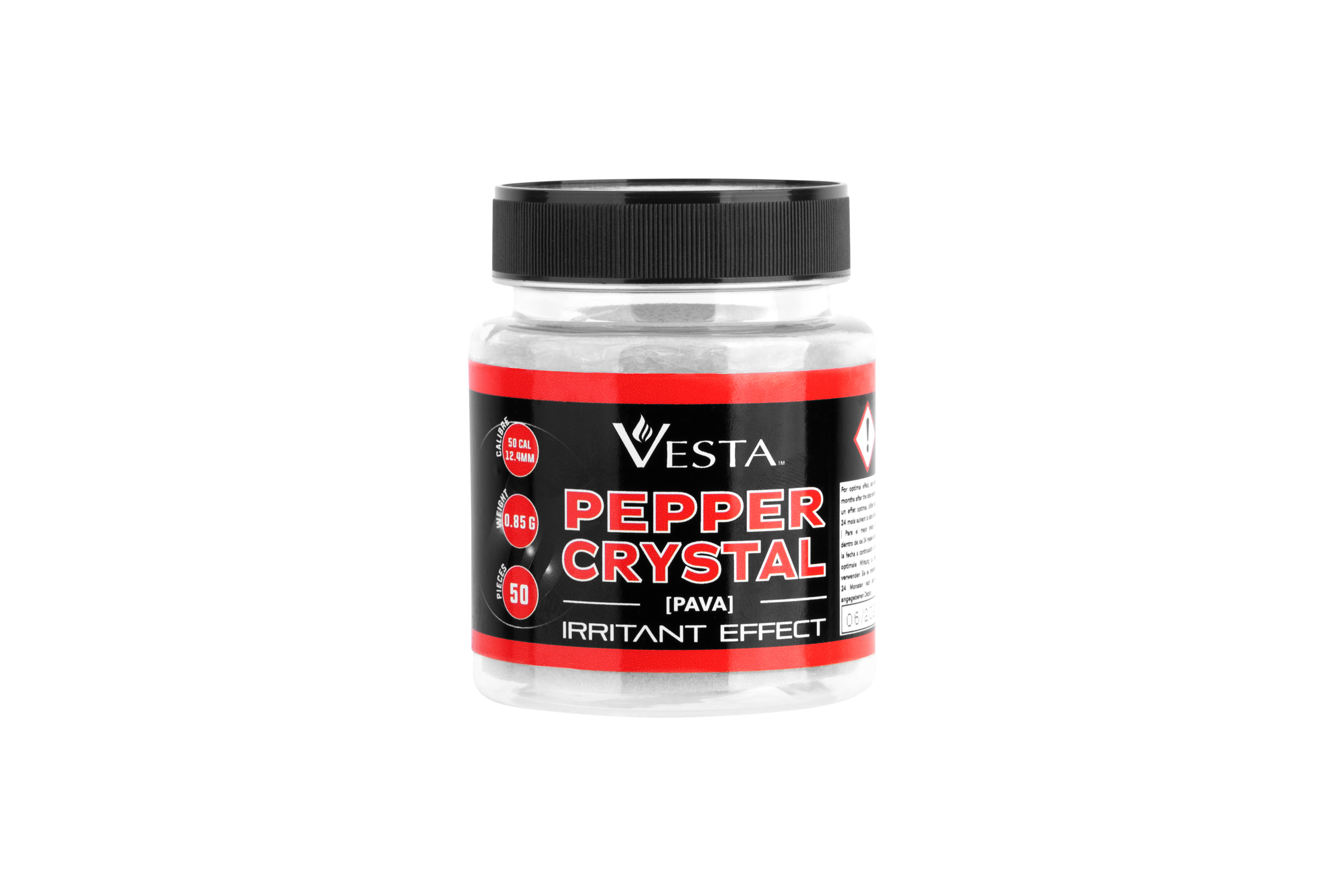 Ein durchsichtiges Plastikgefäß mit Vesta Pepper Crystal PAVA-Reizstoffkugeln, 50 Stück, Kaliber 50, 0,85 g Gewicht, schwarzer Deckel.