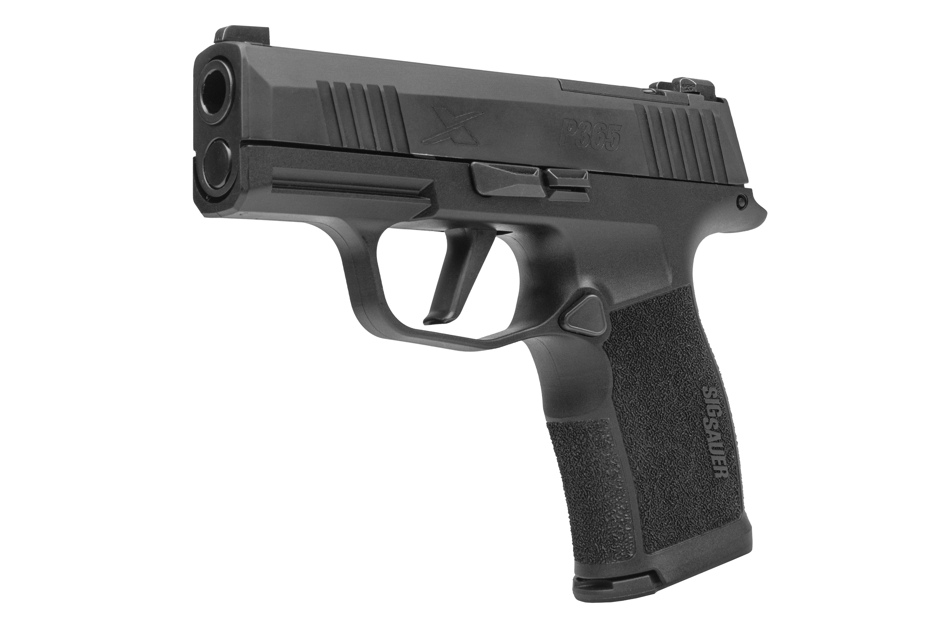 SIG Sauer P365 Luftpistole in Schwarz mit strukturiertem Griff und kompaktem Design für verbesserte Handhabung.