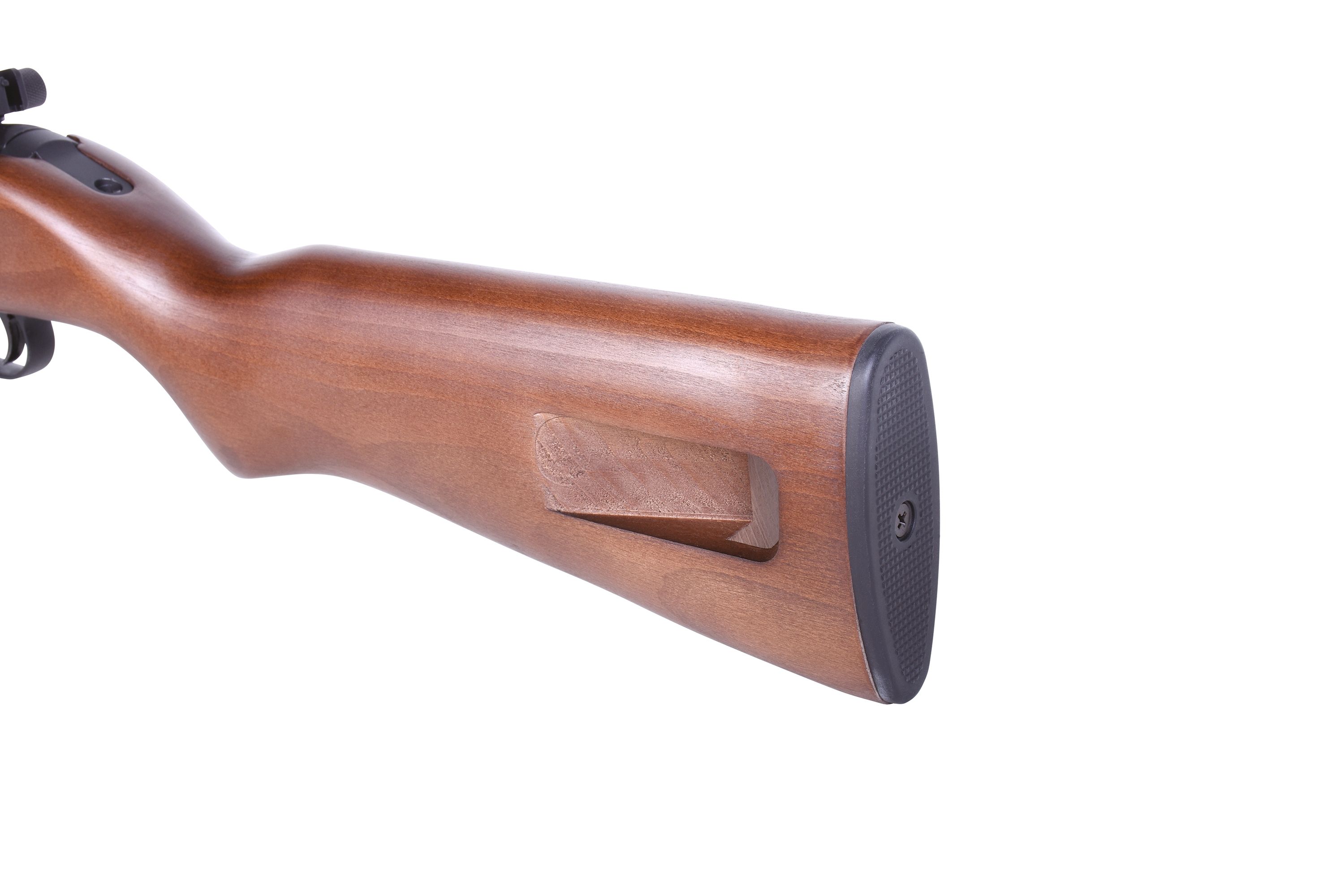 Klassischer Gewehrschaft aus Holz mit schwarzer Gummischaftkappe im traditionellen Design für Luftgewehr-Enthusiasten.