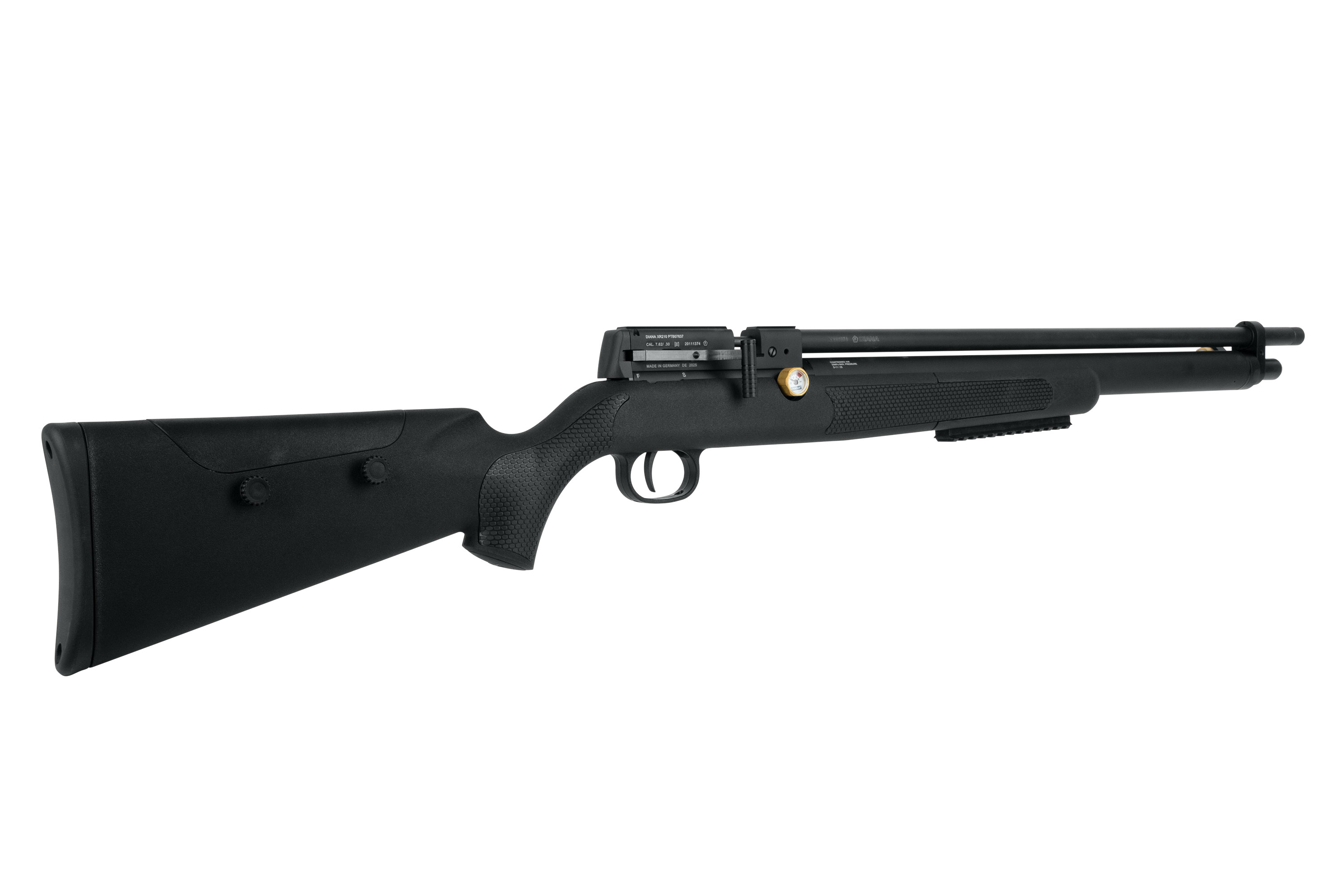 Schwarzes Luftgewehr mit strukturiertem Schaft und verstellbaren Funktionen für verbesserte Schussleistung.