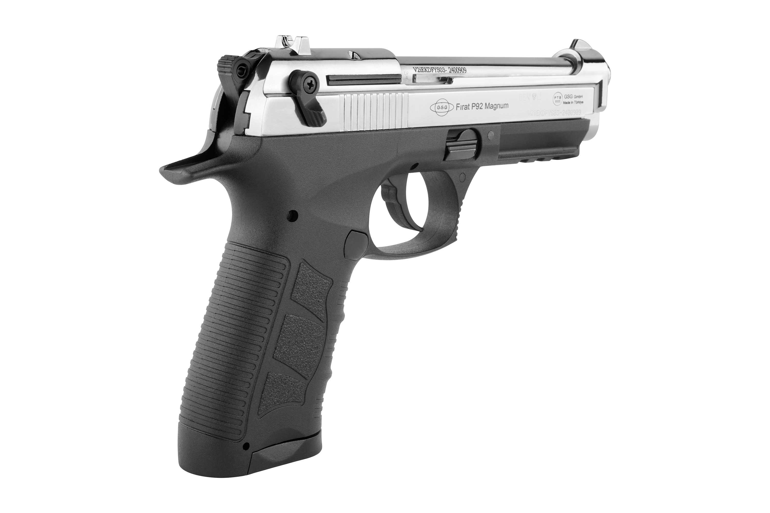 Luftpistole Firat P92 Magnum mit schwarzem Griff und silbernem Schlitten, konzipiert für Präzisionsschüsse.
