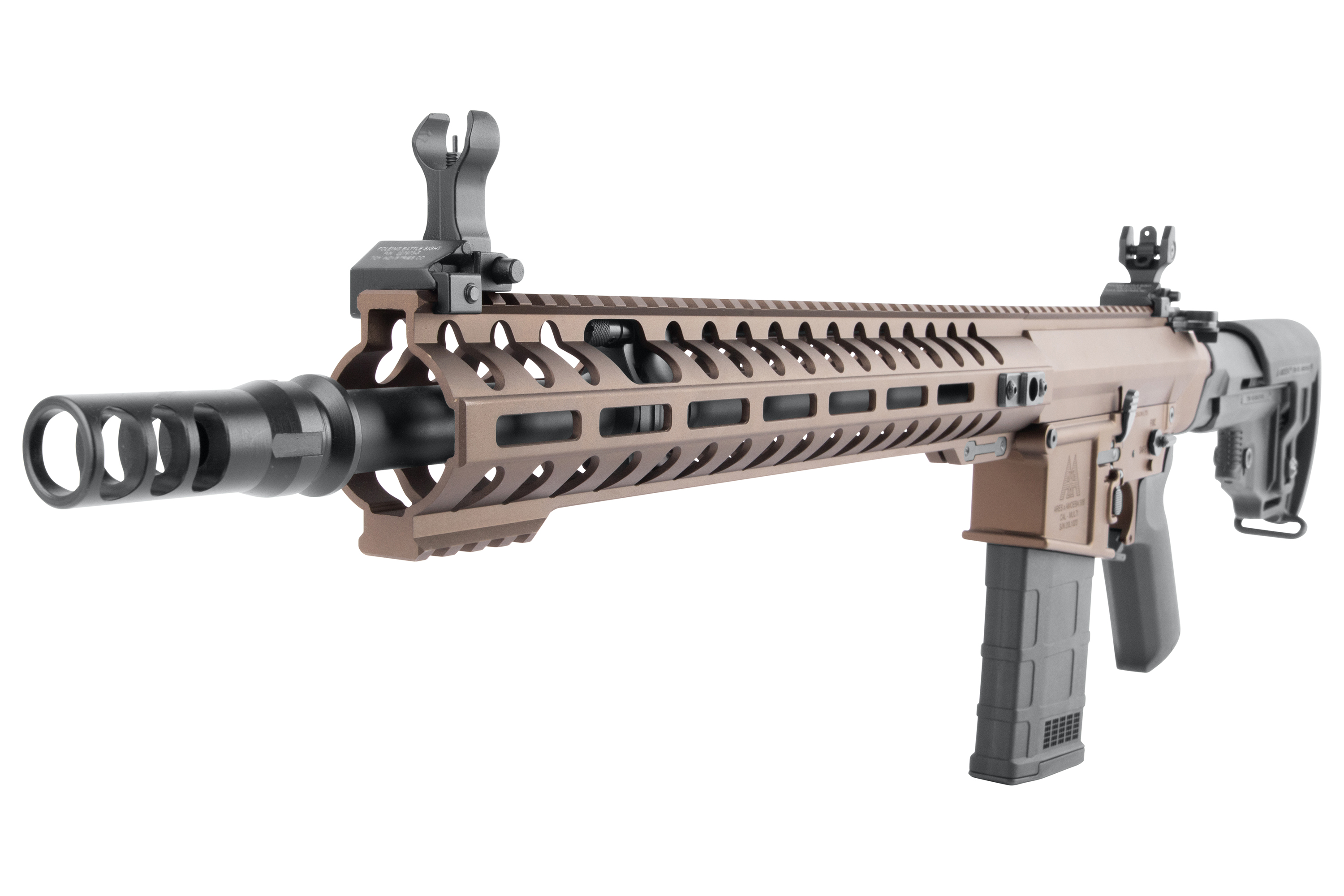 Modernes Luftgewehr im AR-15-Stil in flacher dunkler Erdoptik mit taktischem Handschutz, Mündungsbremse und Klappvisier.