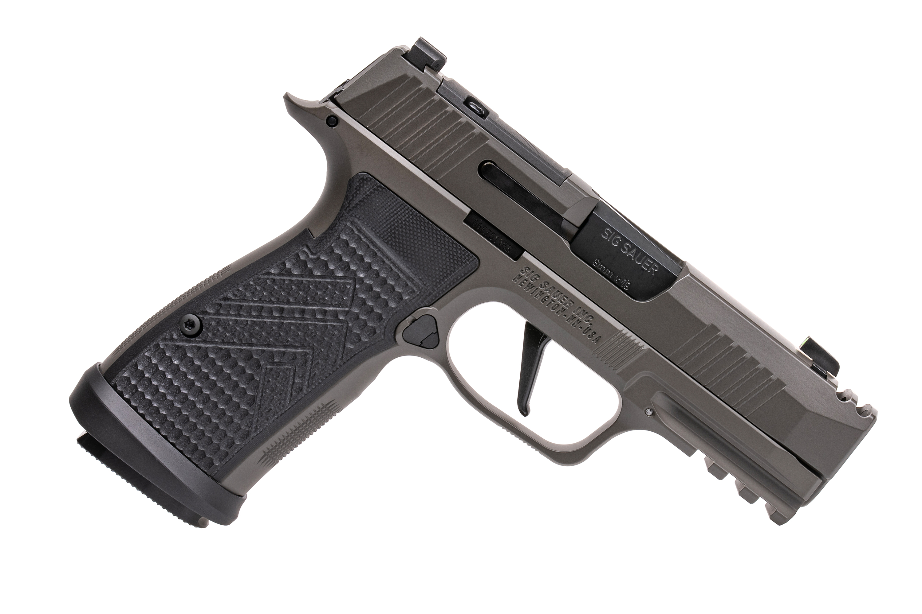SIG Sauer P365 Luftpistole in Grau mit strukturiertem Griff und taktischer Schiene für Zubehör.