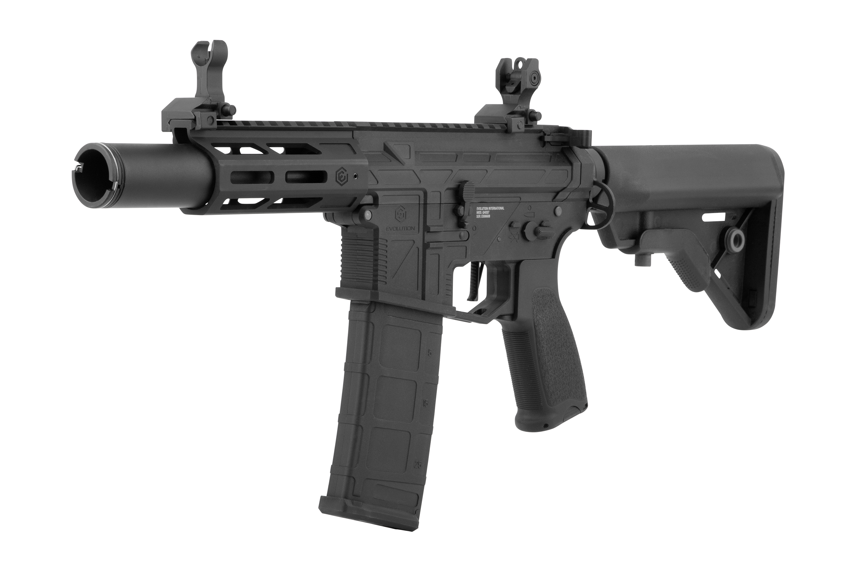 Black Evolution International Ghost Airsoft-Gewehr mit M-LOK-Handschutz, verstellbarem Schaft und hochklappbarem Eisenvisier.