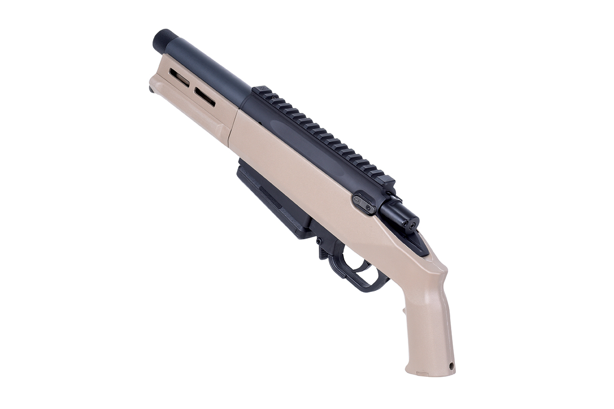 Hellbraune Luftpistole mit schwarzen Akzenten, taktischer Schiene für Zubehör und ergonomischem Griff.