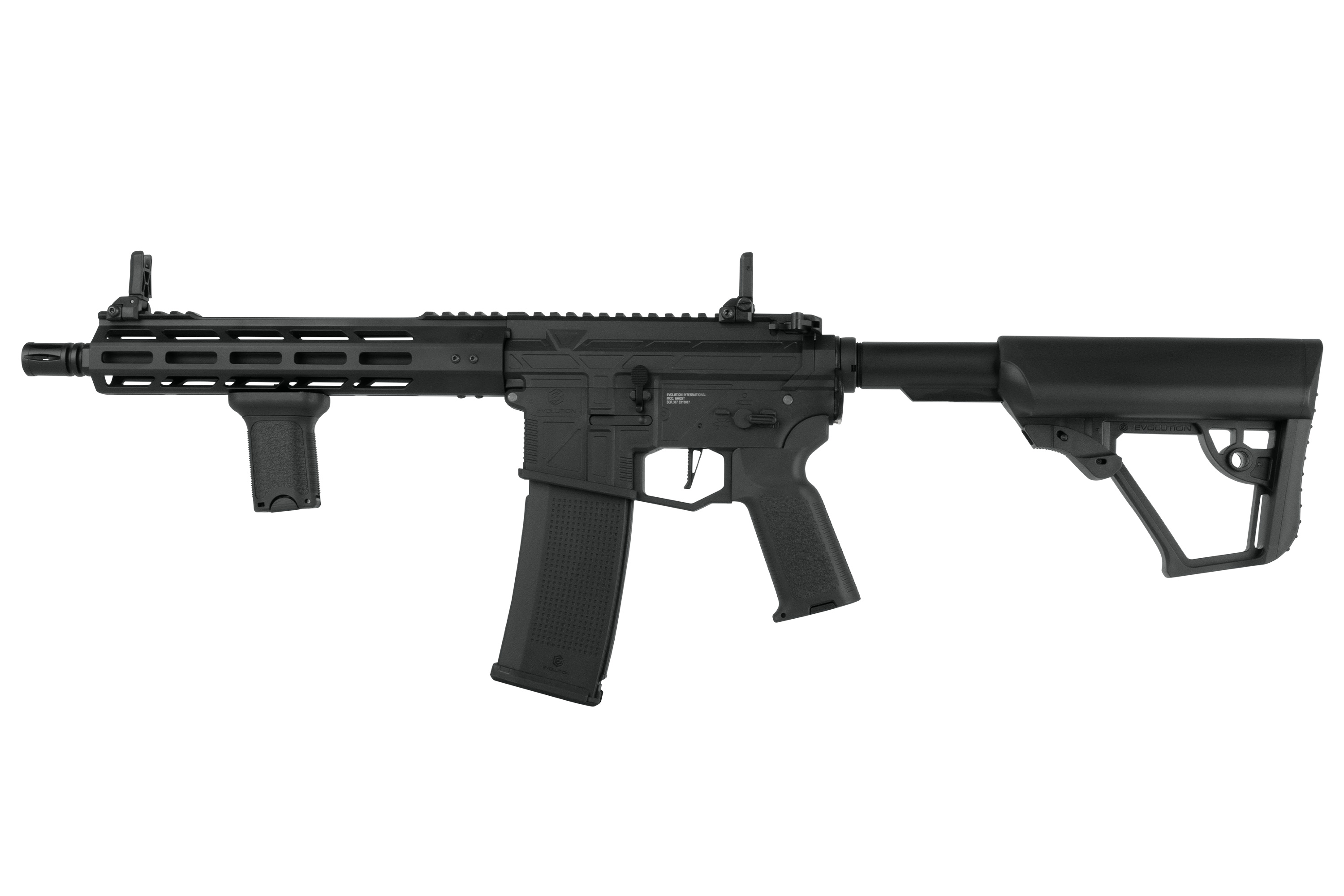 Schwarzes Evolution Airsoft Recon S-Gewehr mit M-LOK-Handschutz, vertikalem Griff, verstellbarem Schaft und taktischem Design.