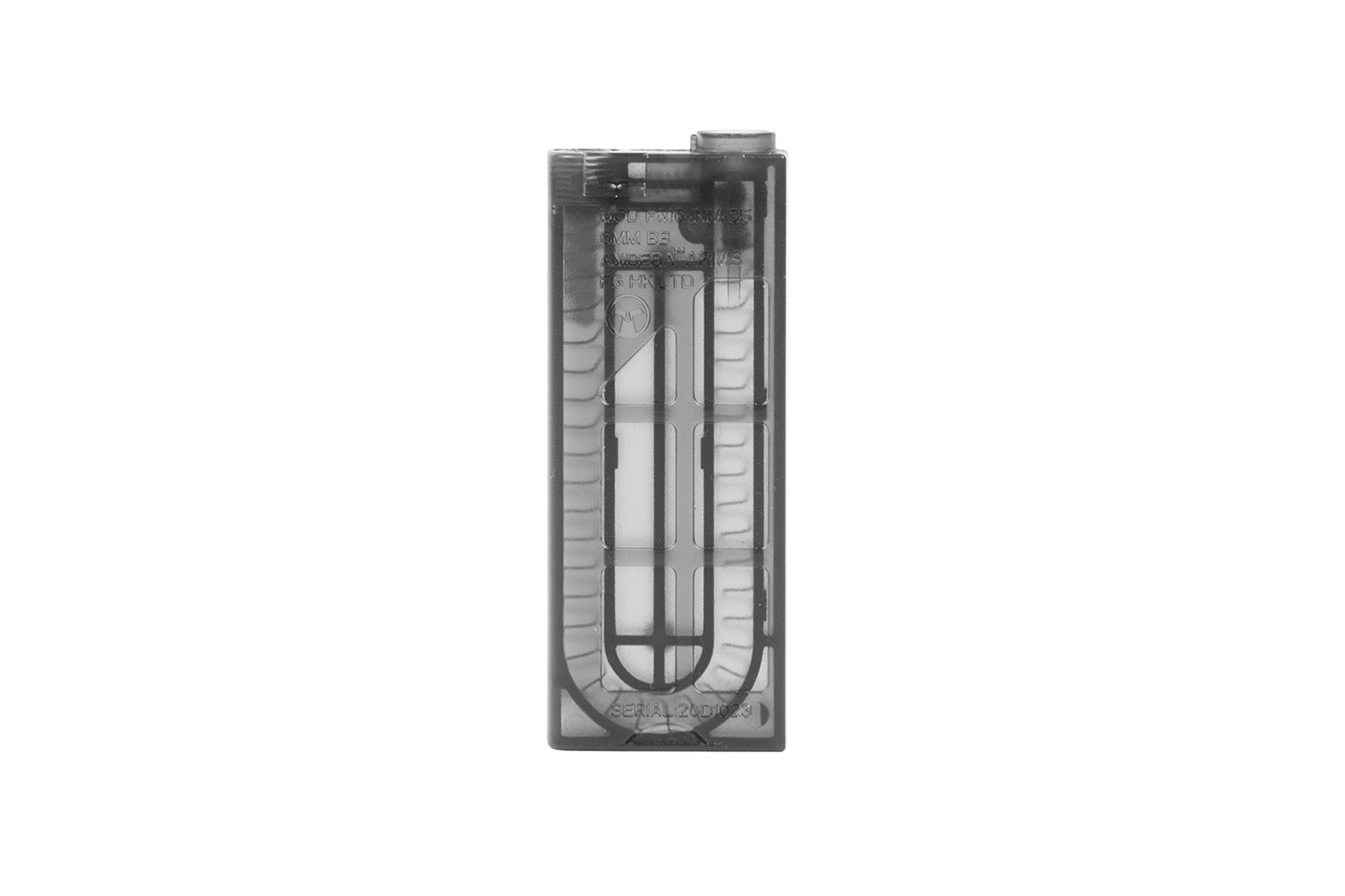 Ein transparentes 6-mm-BB-Magazin von Amoeba Arms für Airsoft-Gewehre mit langlebiger Polymerkonstruktion und -design.