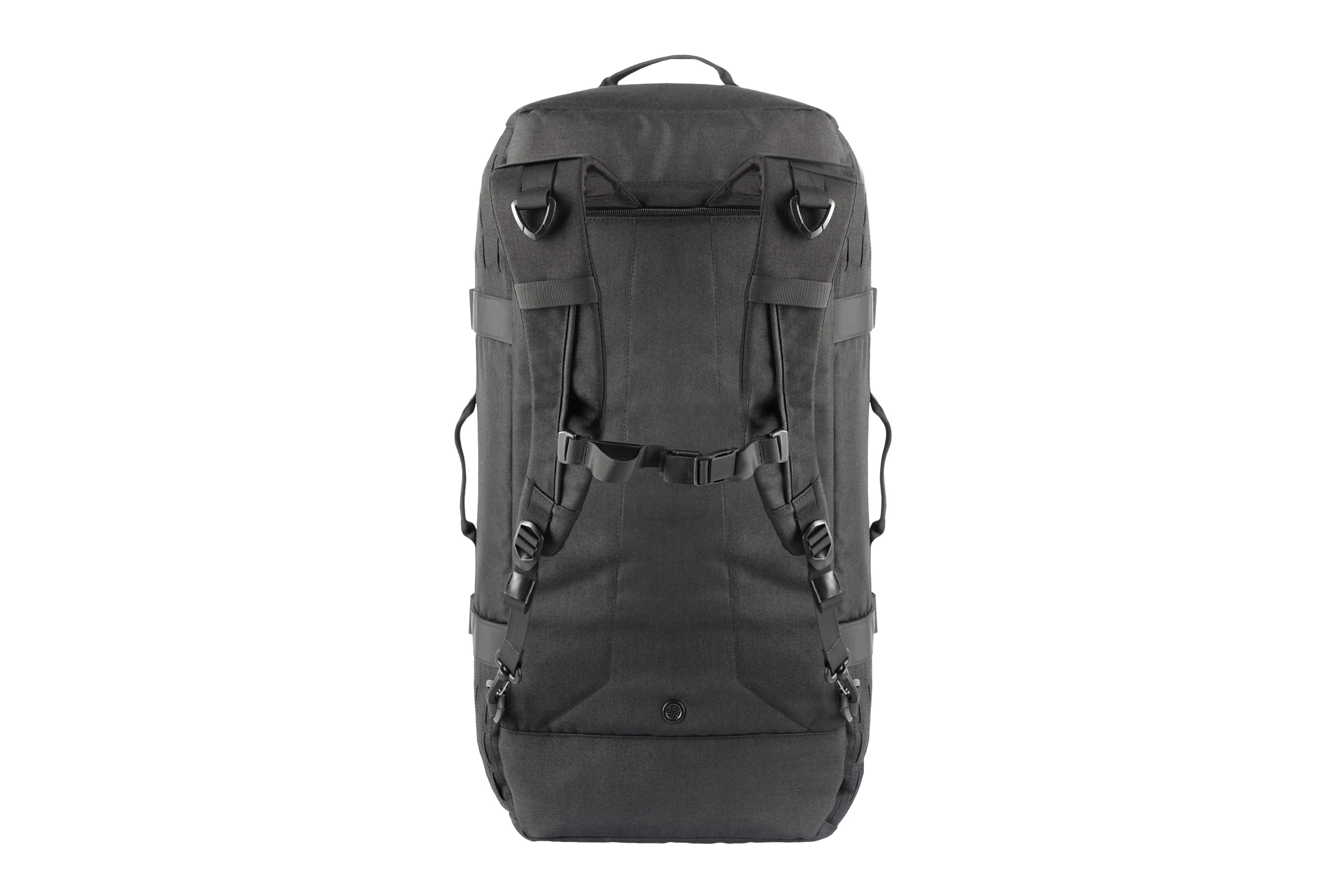 Rückansicht eines schwarzen taktischen Rucksacks mit verstellbaren Schultergurten, Brustschnalle und seitlichen Tragegriffen.