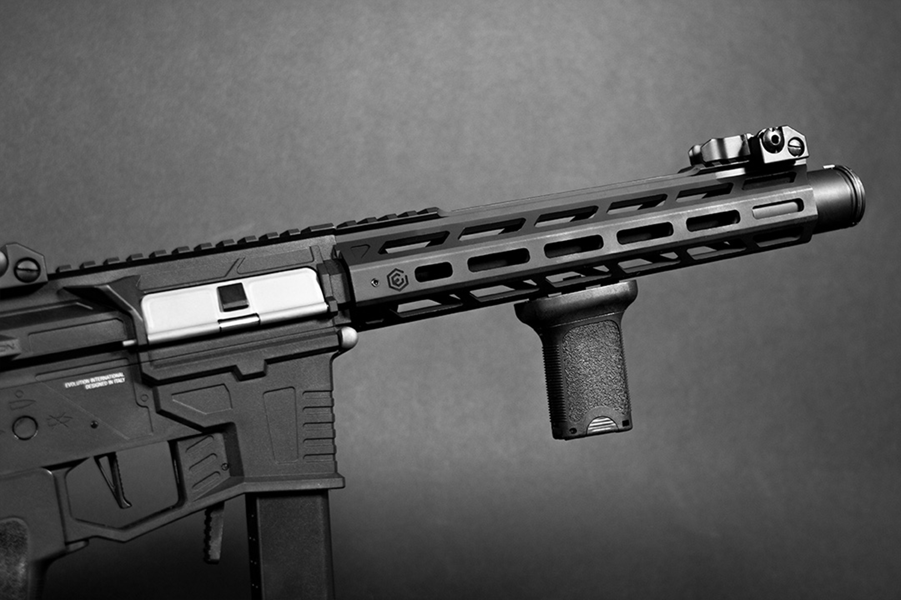 Luftgewehr von Black Evolution International mit modularem Handschutz, vertikalem Vordergriff und oberer Zubehörschiene.