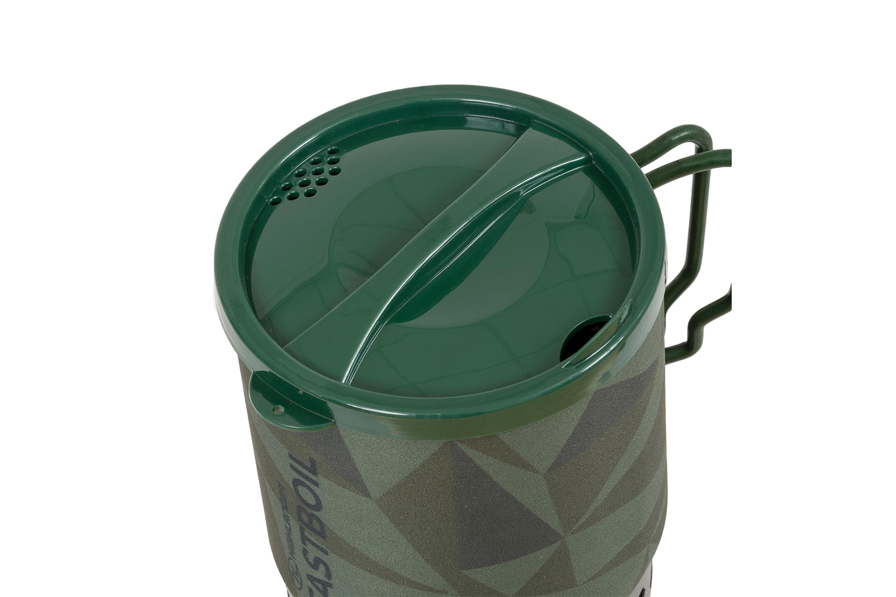 Draufsicht auf einen grünen Fastboil-Campingkochtopf mit Deckel, geometrischem Muster und seitlichem Griff.