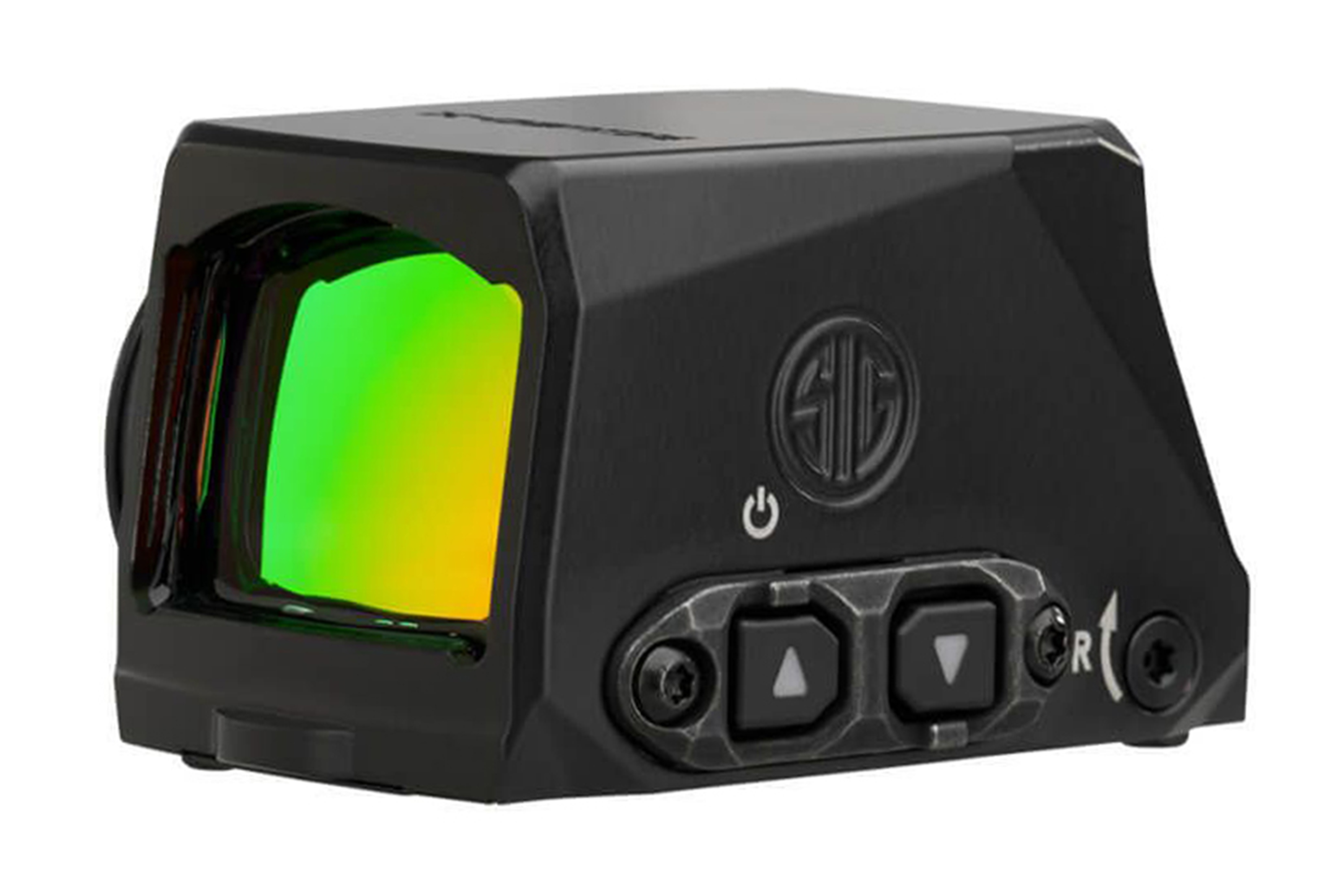 SIG Sauer ROMEO1PRO Reflexvisier mit grüner Linse, verstellbaren Bedienelementen und robustem schwarzem Gehäuse.
