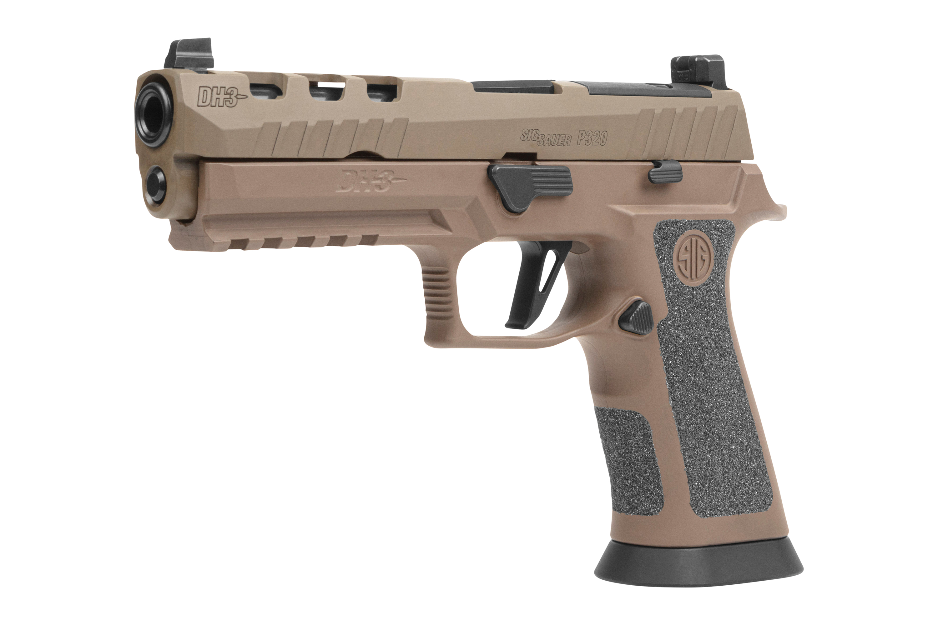 SIG Sauer P320 Luftpistole in hellbrauner Farbe mit strukturiertem Griff und taktischer Schiene für Zubehör.