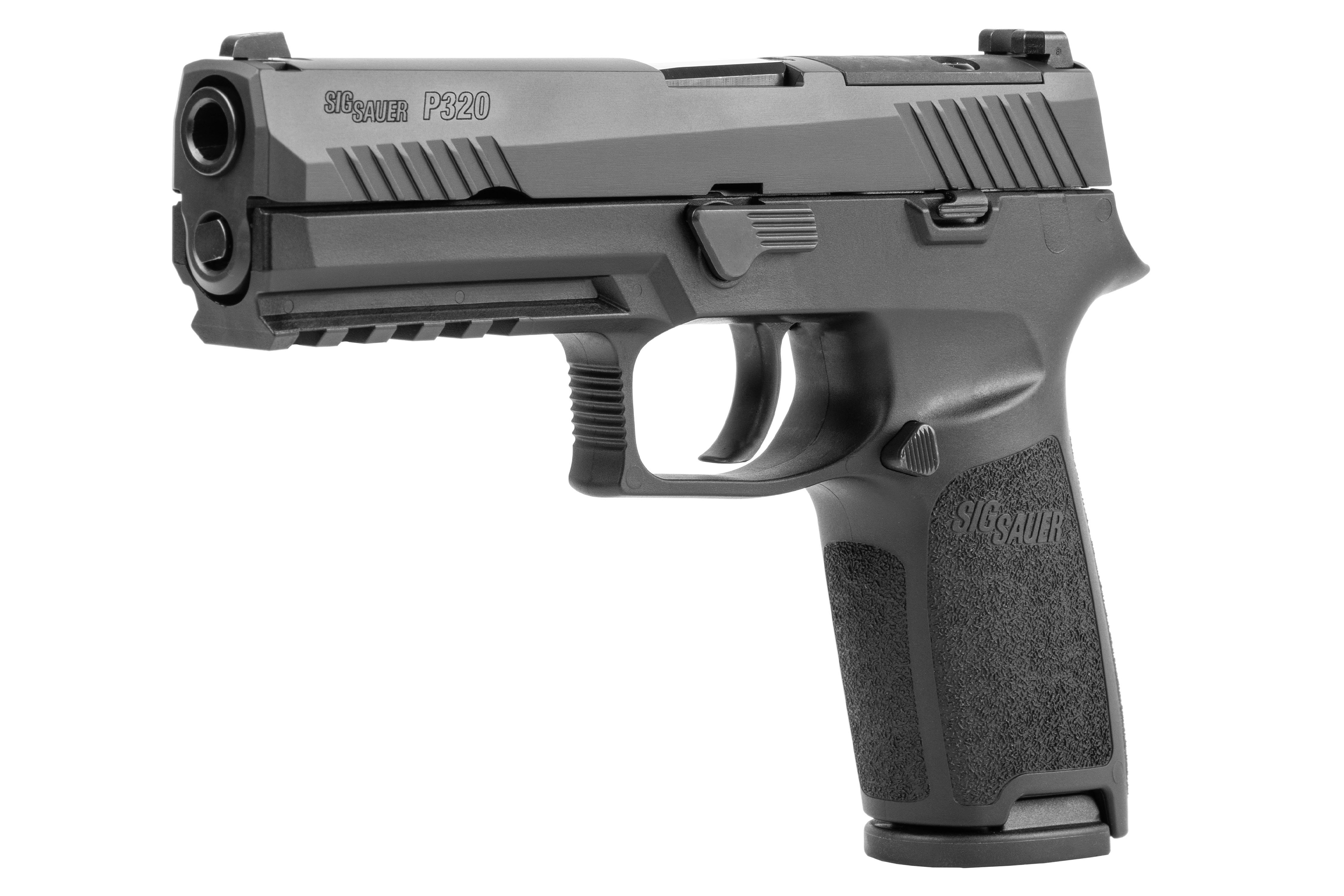 SIG Sauer P320 Luftpistole in Schwarz mit strukturiertem Griff und taktischer Schiene für Zubehör.
