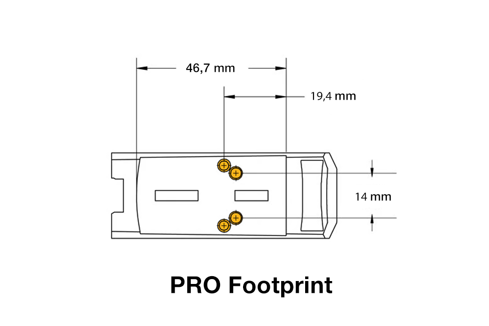 Technische Zeichnung eines PRO-Footprints für Schusswaffenoptiken mit genauen Montageabmessungen in Millimetern für die Einrichtung.