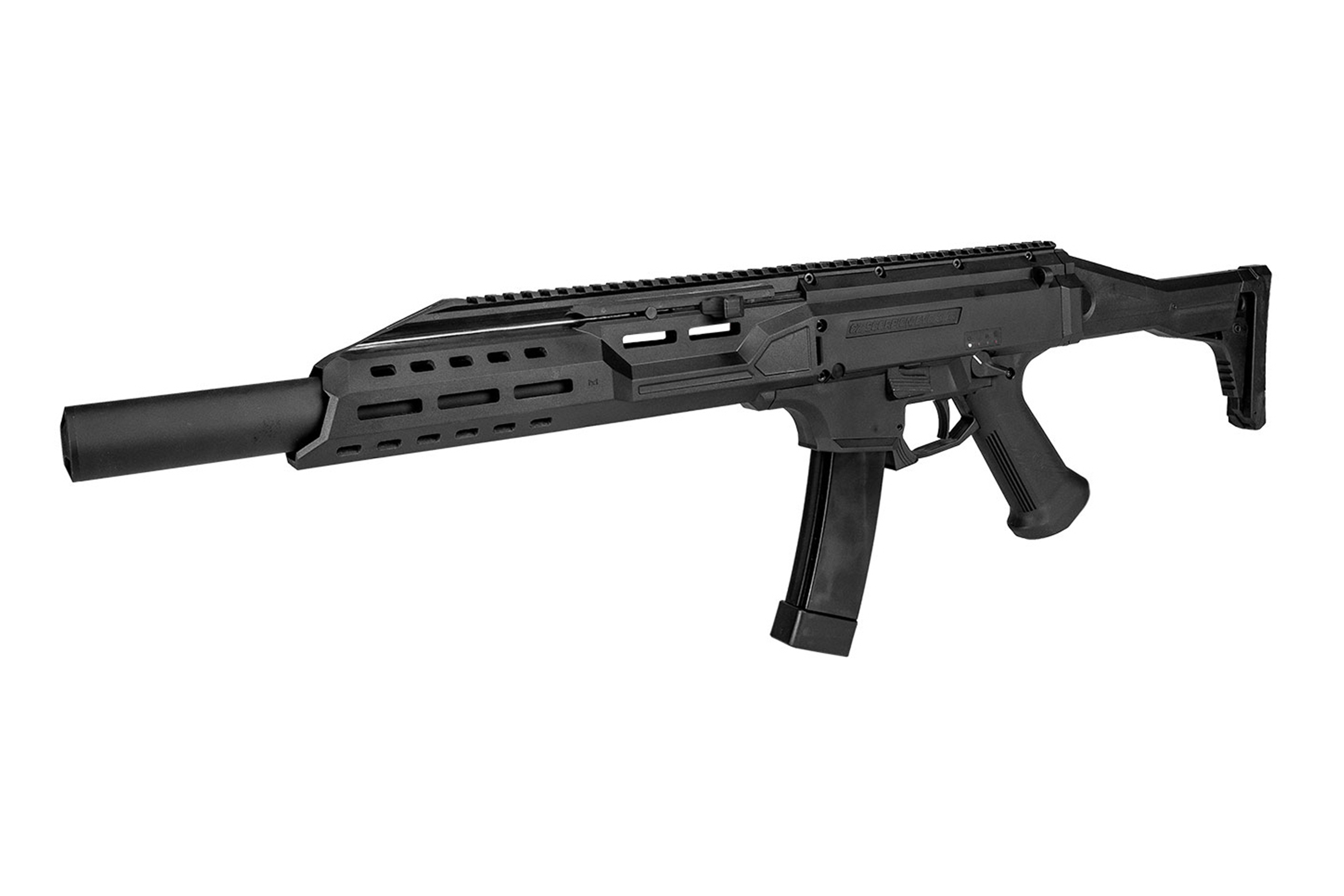 Schwarzer CZ Scorpion EVO 3 A1 Airsoft-Karabiner mit langem Handschutz, Oberschiene und Schalldämpfer auf weißem Hintergrund.