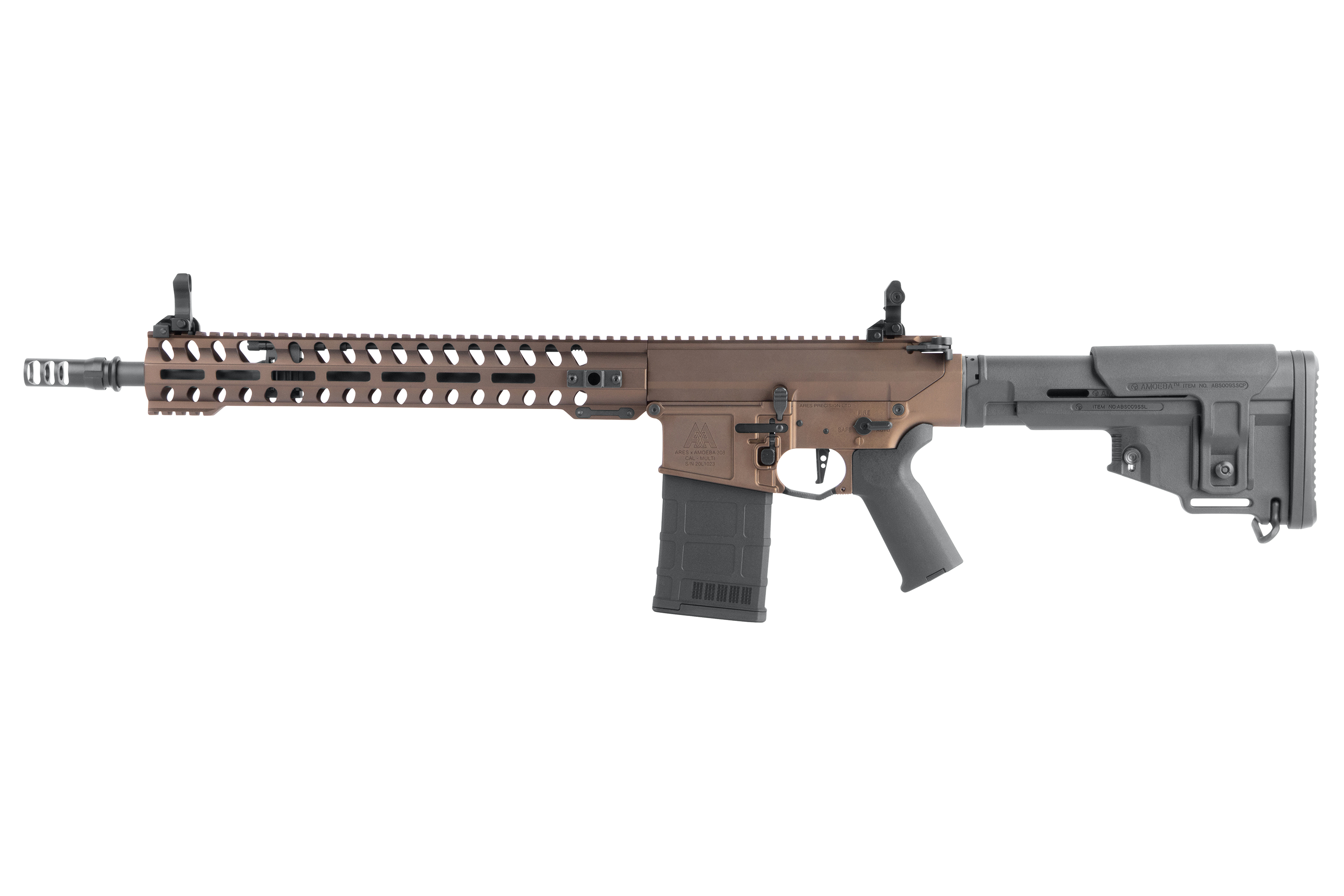 Ares Amoeba M4 Airsoft-Gewehr in Bronze und Schwarz mit verstellbarem Schaft, taktischem Handschutz und Magazin mit hoher Kapazität.