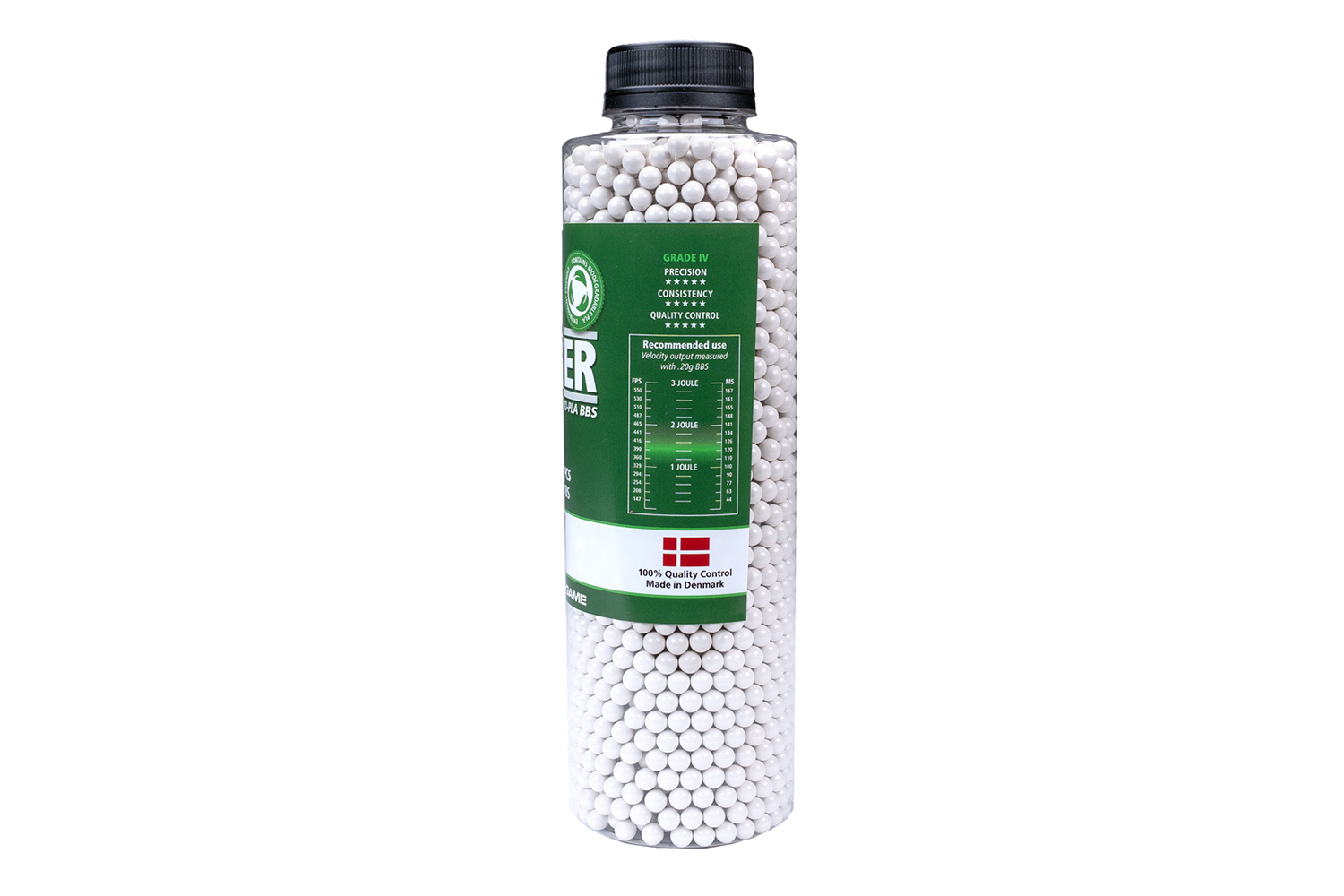 Hochwertige weiße Airsoft-BBs in einer transparenten Flasche, ideal für präzises Schießen und konstante Leistung.