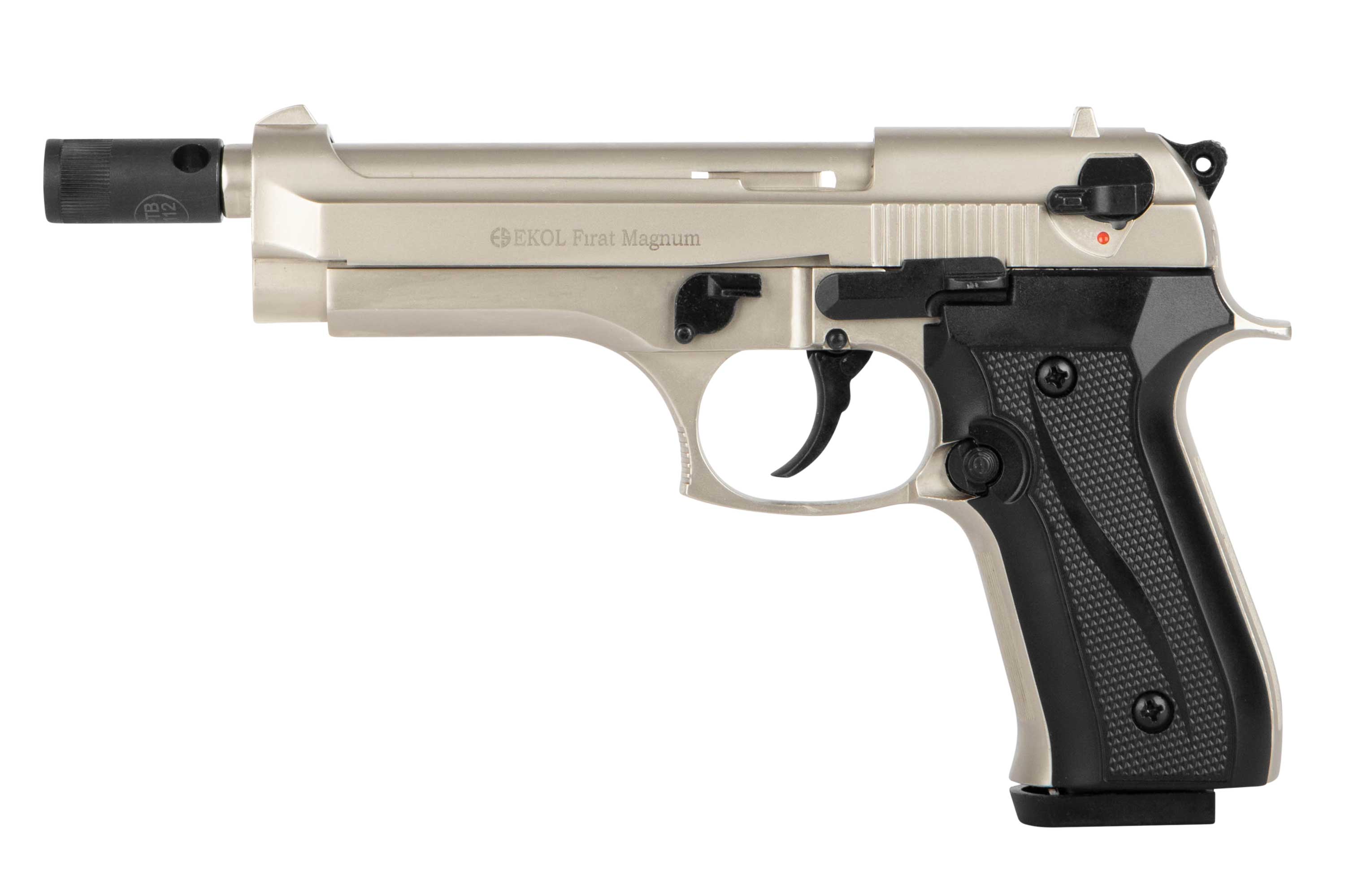 EKOL Firat Magnum Luftpistole in Silber mit schwarzem Griff, strukturiertem Griff und Sicherheitsmechanismus.