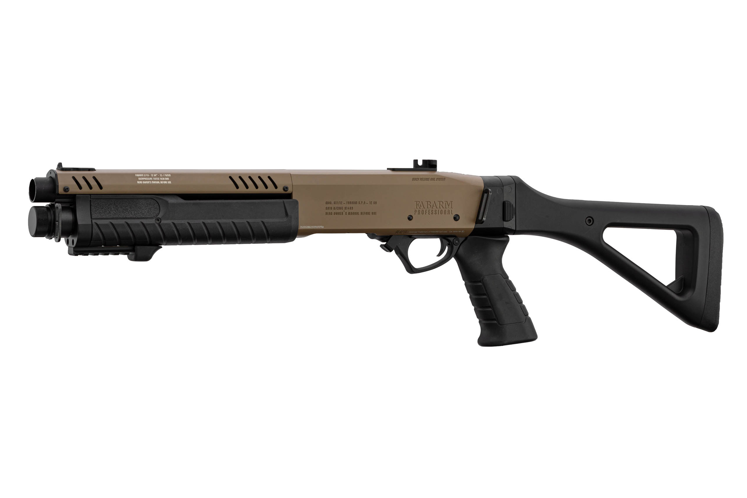 Fabarm Professional STF 12-Schrotflinte in Hellbraun und Schwarz mit taktischem Design und robustem Polymerschaft und -griff.