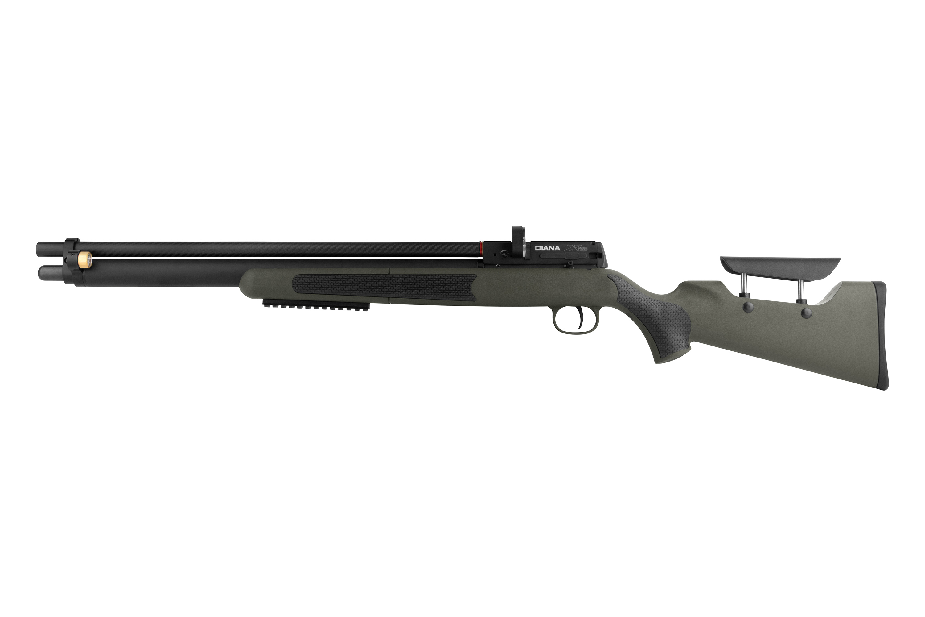 Diana Stormrider PCP-Luftgewehr in Olivgrün mit Laufverkleidung aus Kohlefaser und verstellbarer Backe am Schaft.