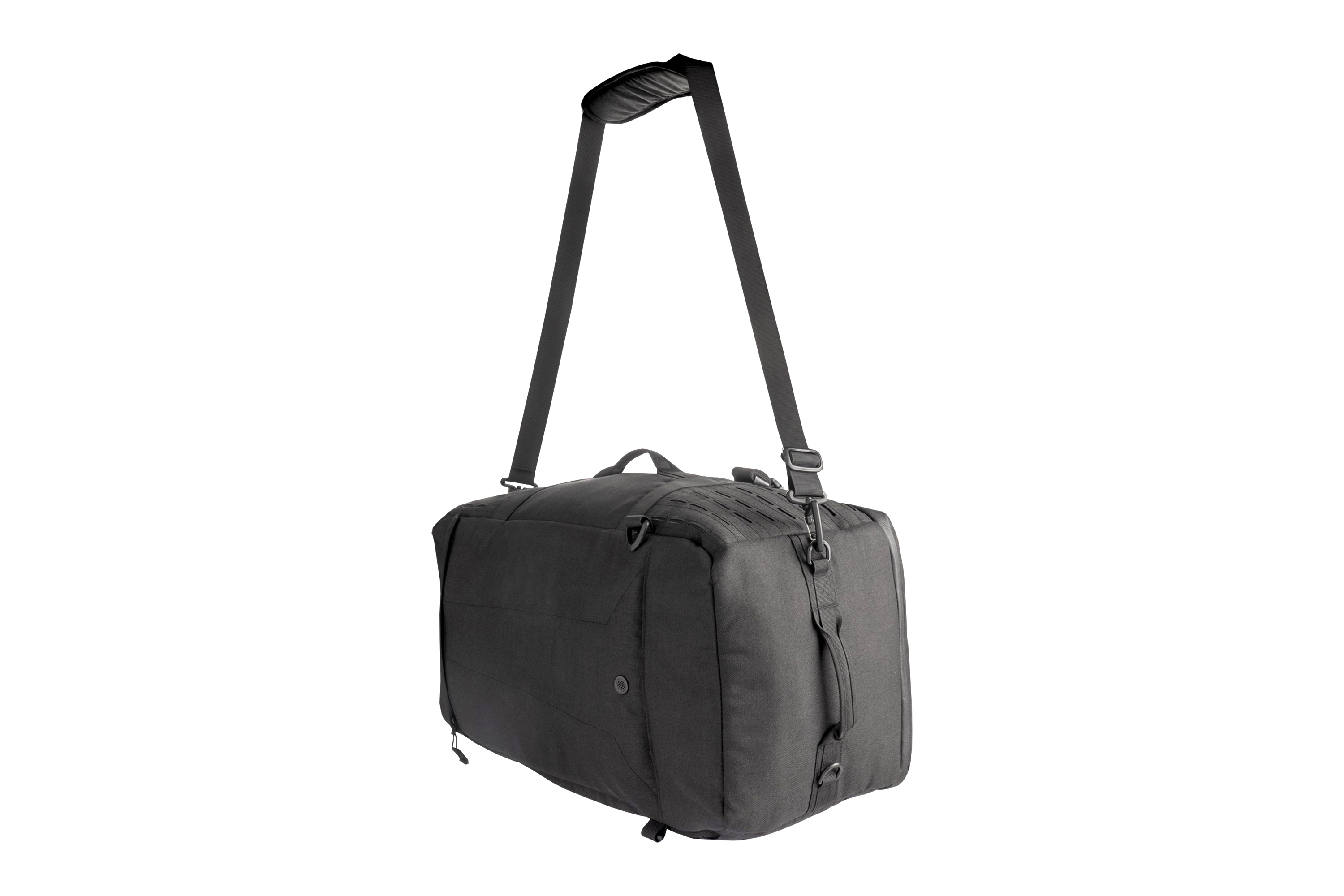 Schwarze taktische Reisetasche mit Schultergurt, Seitengriff und MOLLE-Gurtband, isoliert auf weißem Hintergrund.