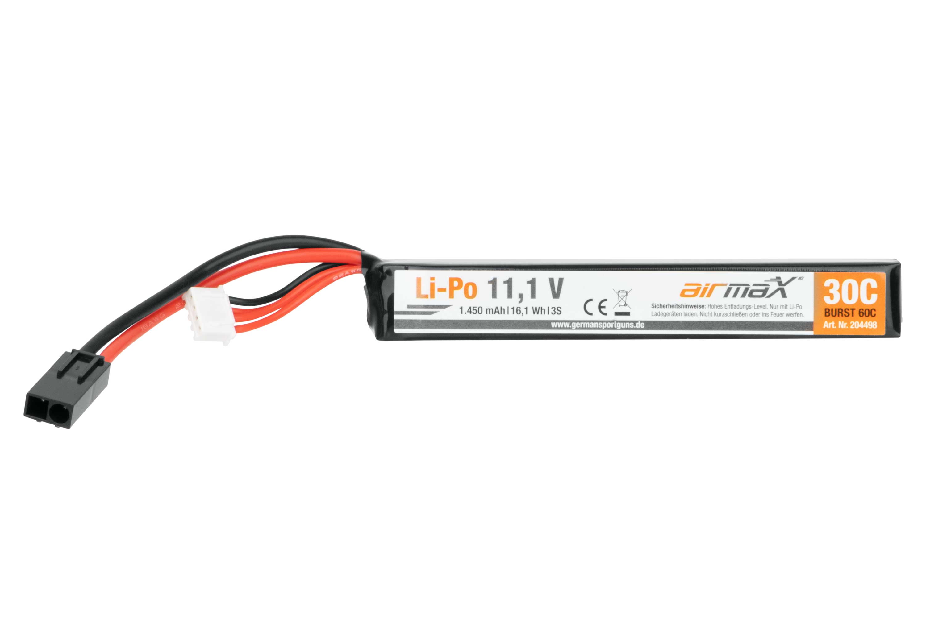 Airmax 11,1 V 1450 mAh Li-Po-Akku für Airsoft-Pistolen mit 30 °C Entladungsrate und T-Stecker-Anschluss auf weißem Hintergrund.