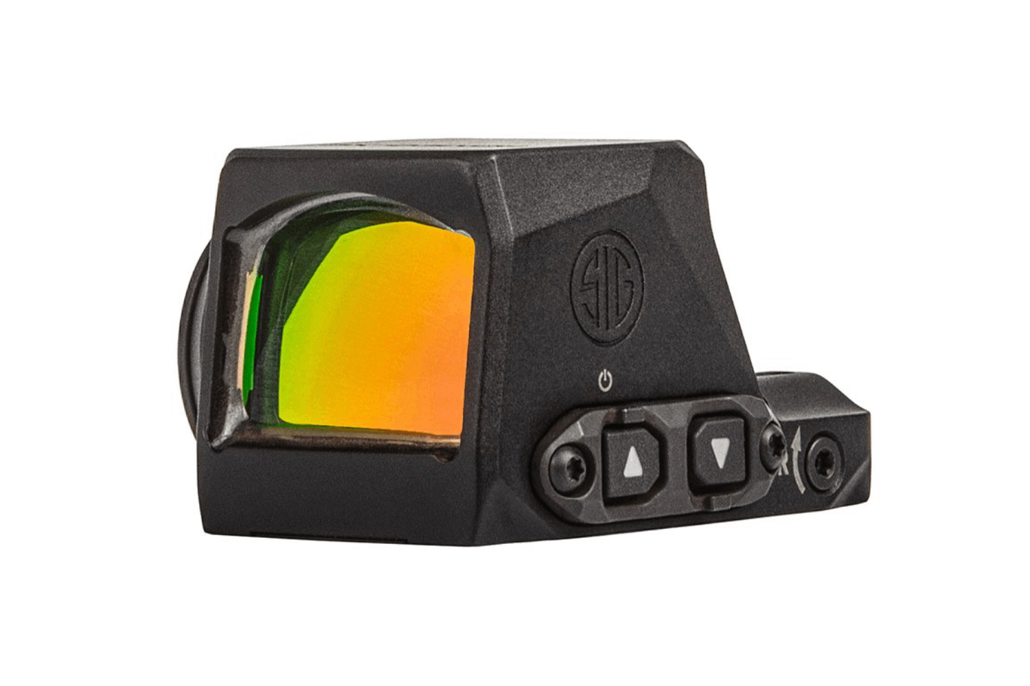Schwarzes Leuchtpunktvisier Sig Sauer ROMEO-X Pro mit reflektierender orangefarbener Linse und seitlich angebrachten Einstellknöpfen.