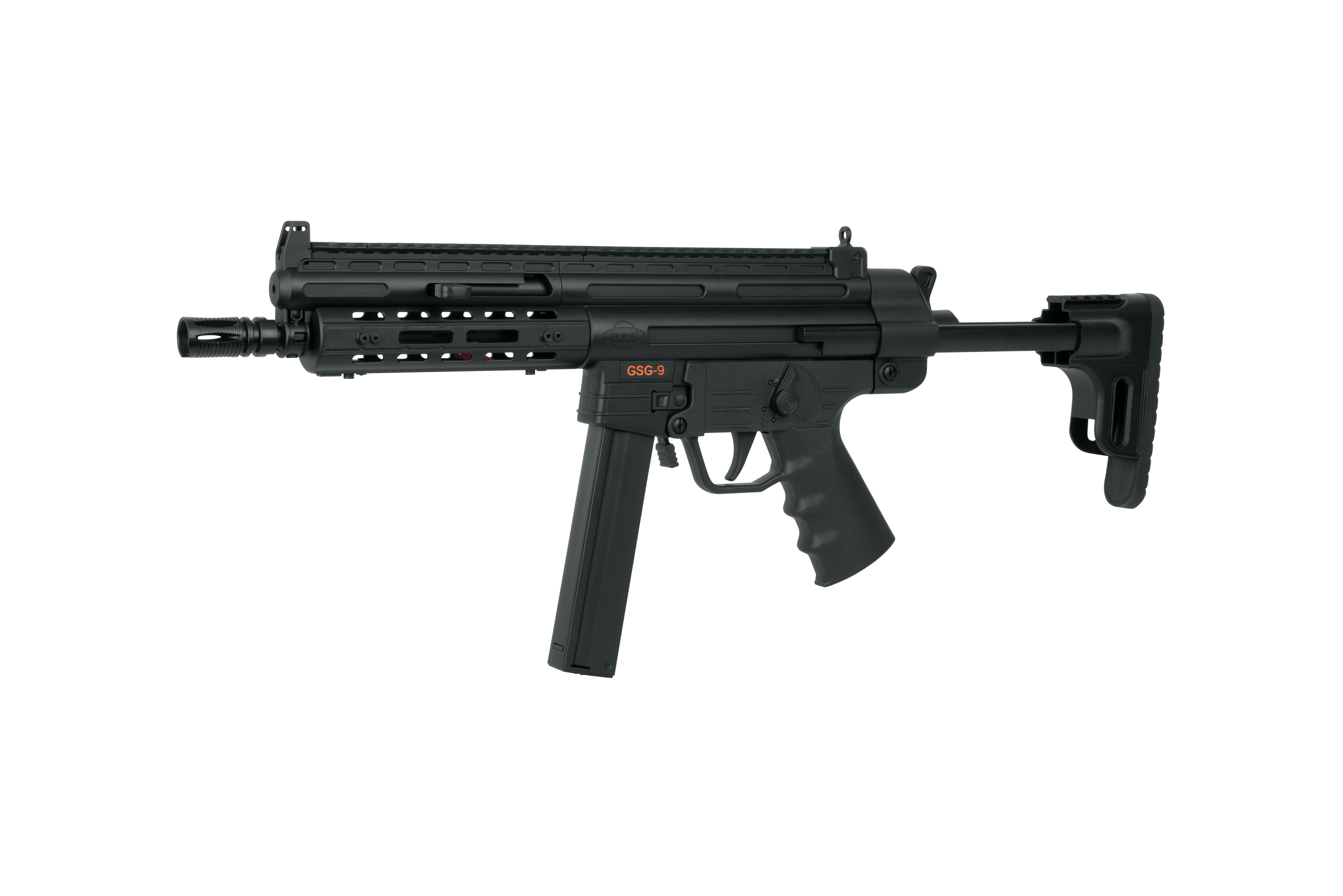 GSG-9 Luftgewehr in Schwarz mit verstellbarem Schaft und taktischer Schiene für Zubehör.