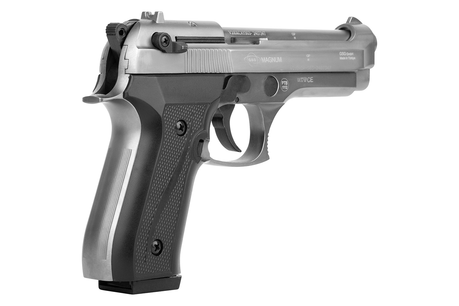GSG Magnum-Luftpistole mit elegantem Design in Silber und Schwarz, ideal für Schusswaffenliebhaber.