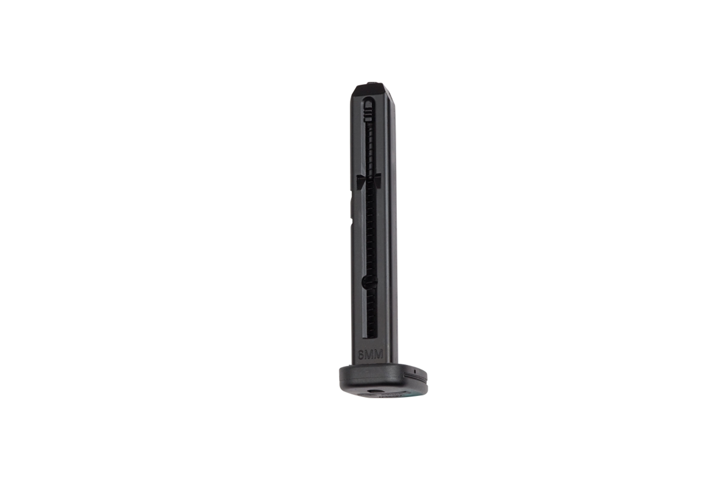 Schwarzes 6-mm-Airsoft-Pistolenmagazin mit schlankem, vertikalem Design, federbelastetem Mitnehmer und Grundplatte.