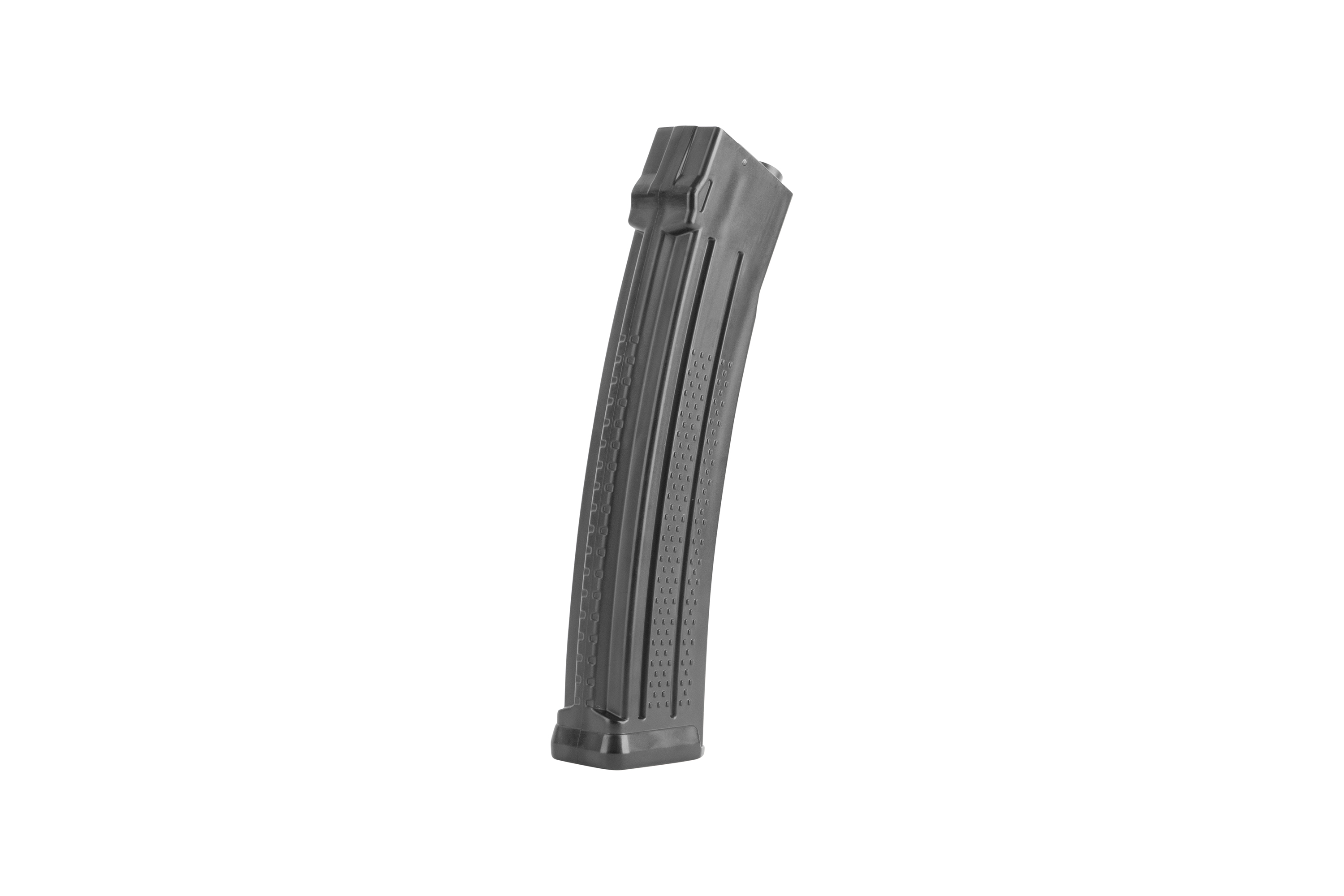 Schwarzes Polymermagazin für ein Luftgewehr mit strukturierter Griffoberfläche und geschwungenem Design auf weißem Hintergrund.