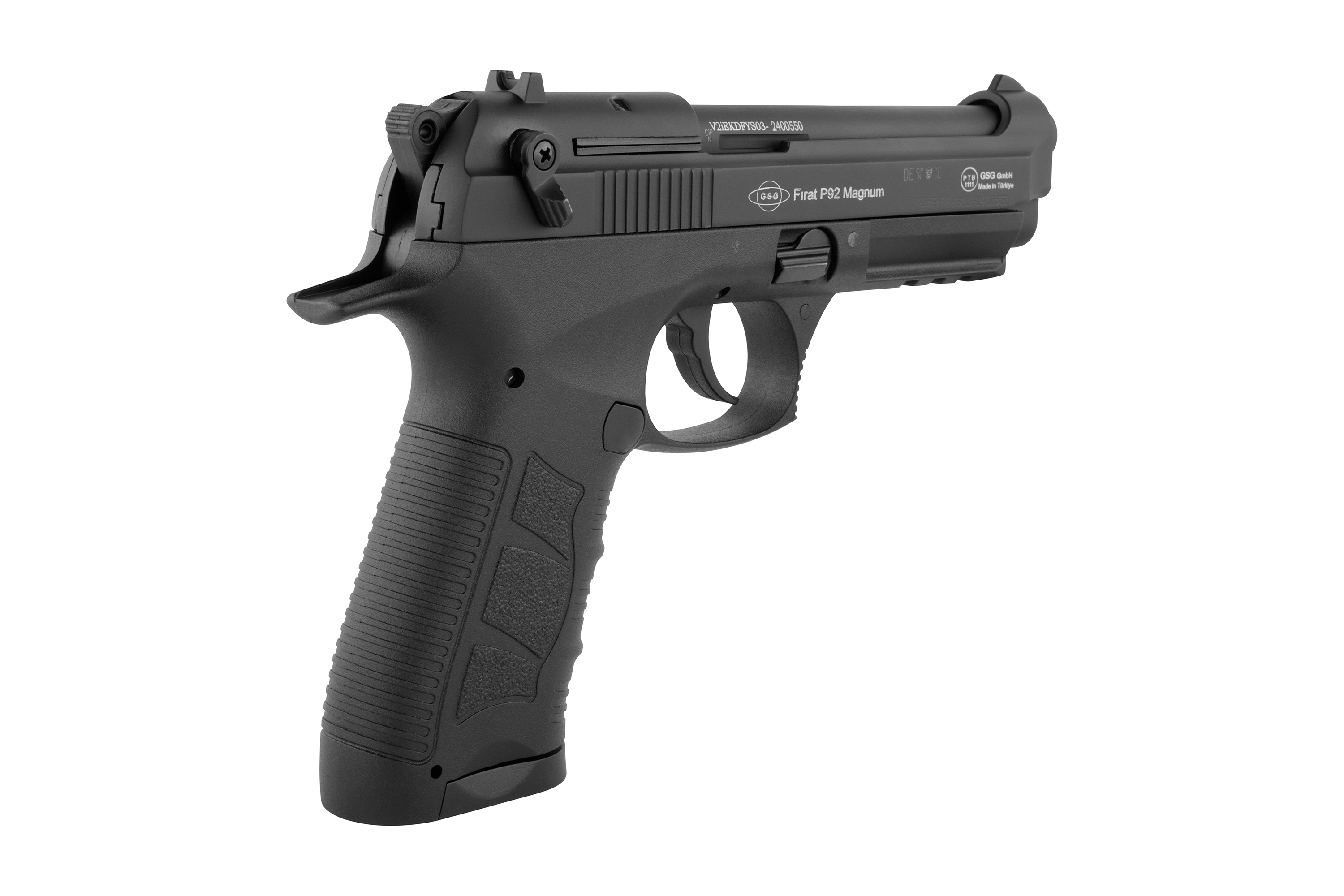 Firat P92 Magnum Luftpistole in Schwarz mit strukturiertem Griff und taktischem Design für Schusswaffenliebhaber.