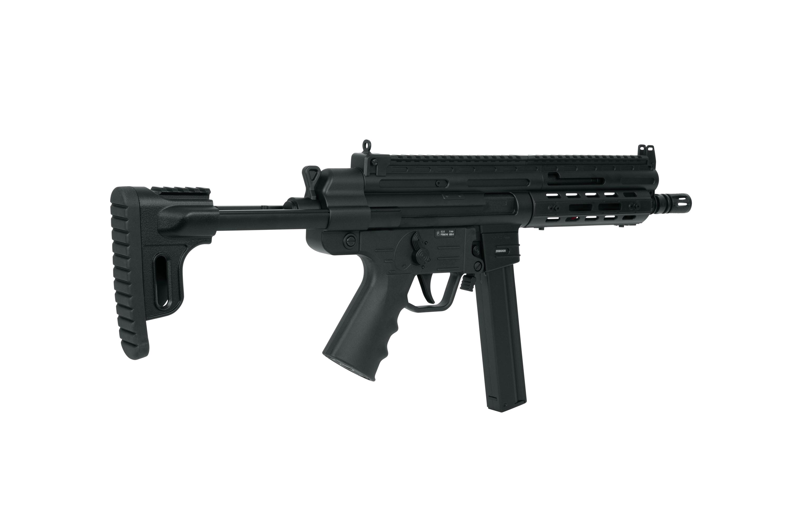 Schwarzes Luftgewehr mit verstellbarem Schaft und taktischer Schiene für Zubehör, ideal für Schusswaffenliebhaber.