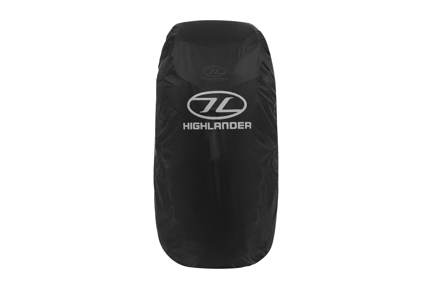 Schwarzer, wasserdichter Highlander-Rucksack-Regenüberzug mit weißem Aufdruck des Markenlogos und -namens auf der Vorderseite.