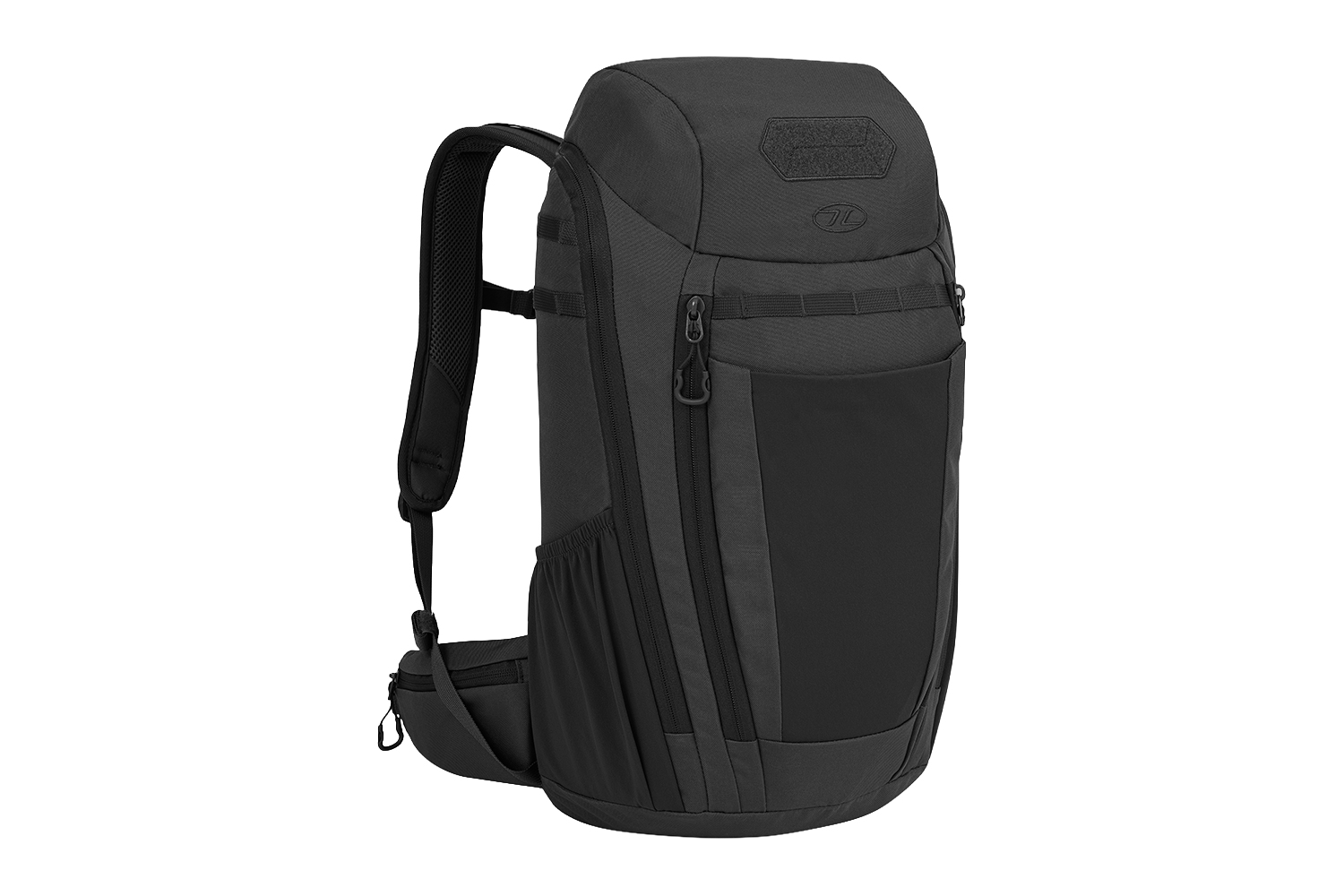 Schwarzer taktischer Rucksack mit gepolsterten Schultergurten, mehreren Fächern und MOLLE-Gurtband für Outdoor-Ausrüstung.