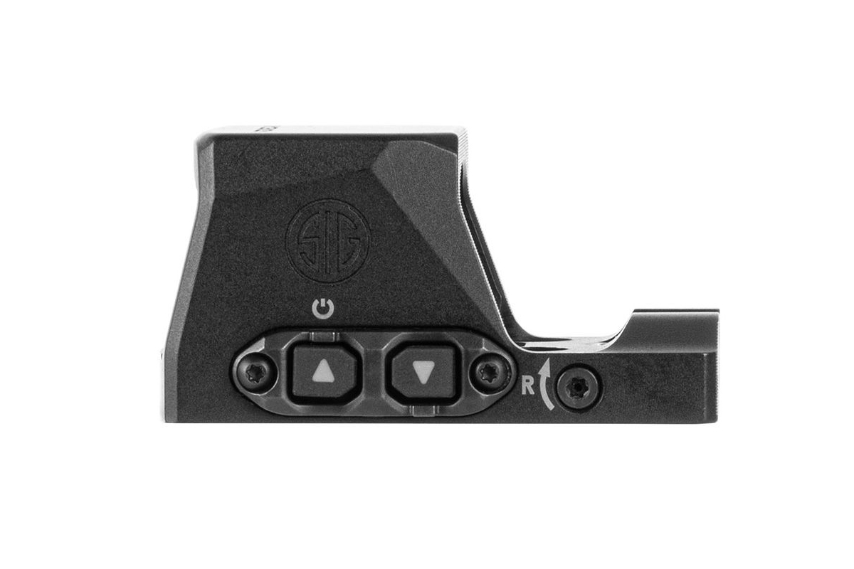 Seitenansicht eines schwarzen SIG Sauer-Reflexvisiers mit Tasten zur Helligkeitseinstellung und dem SIG-Logo auf dem Gehäuse.