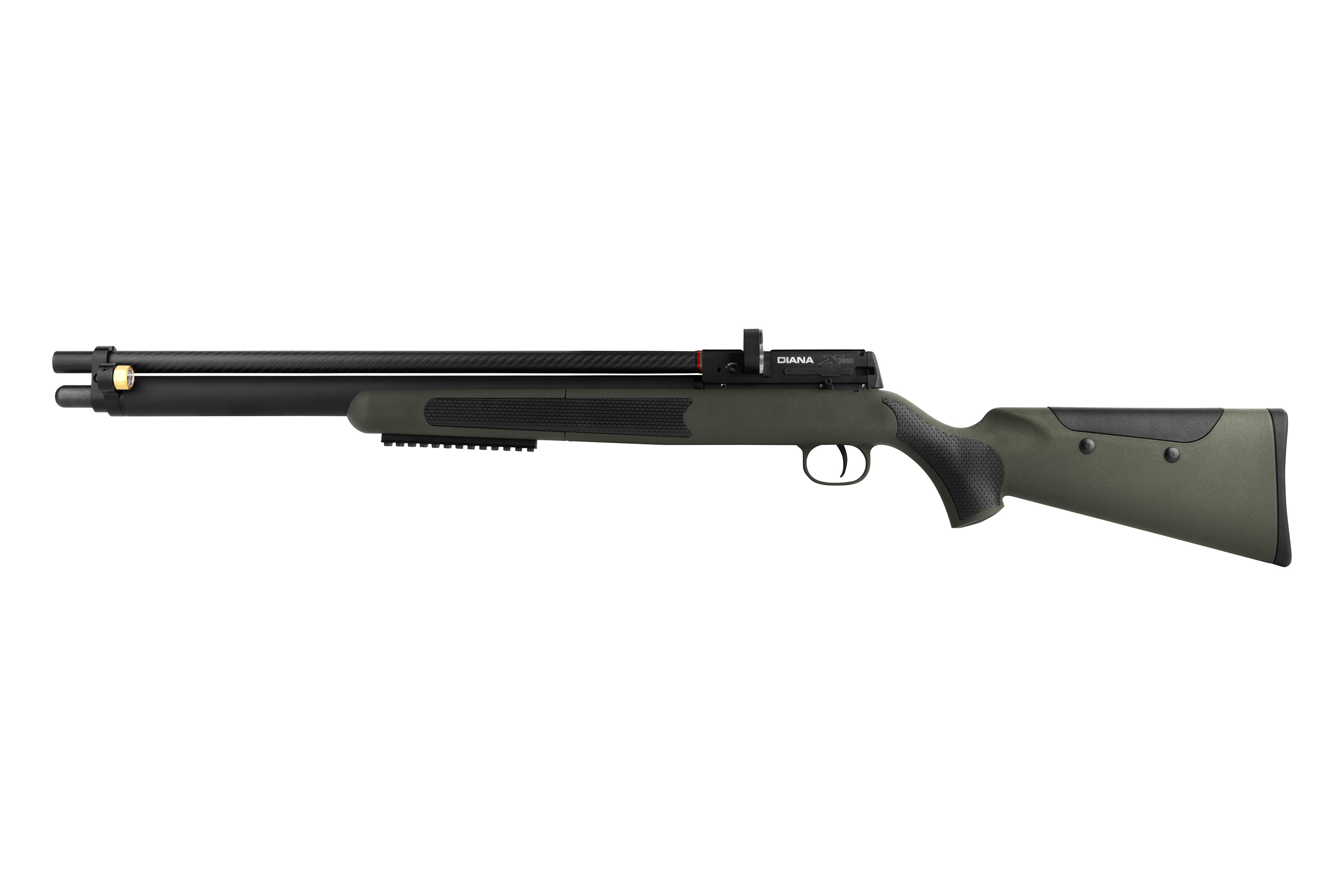 Luftgewehr Diana XR200 mit olivgrünem Kunststoffschaft, Laufverkleidung aus Kohlefaser und integrierter Zubehörschiene.