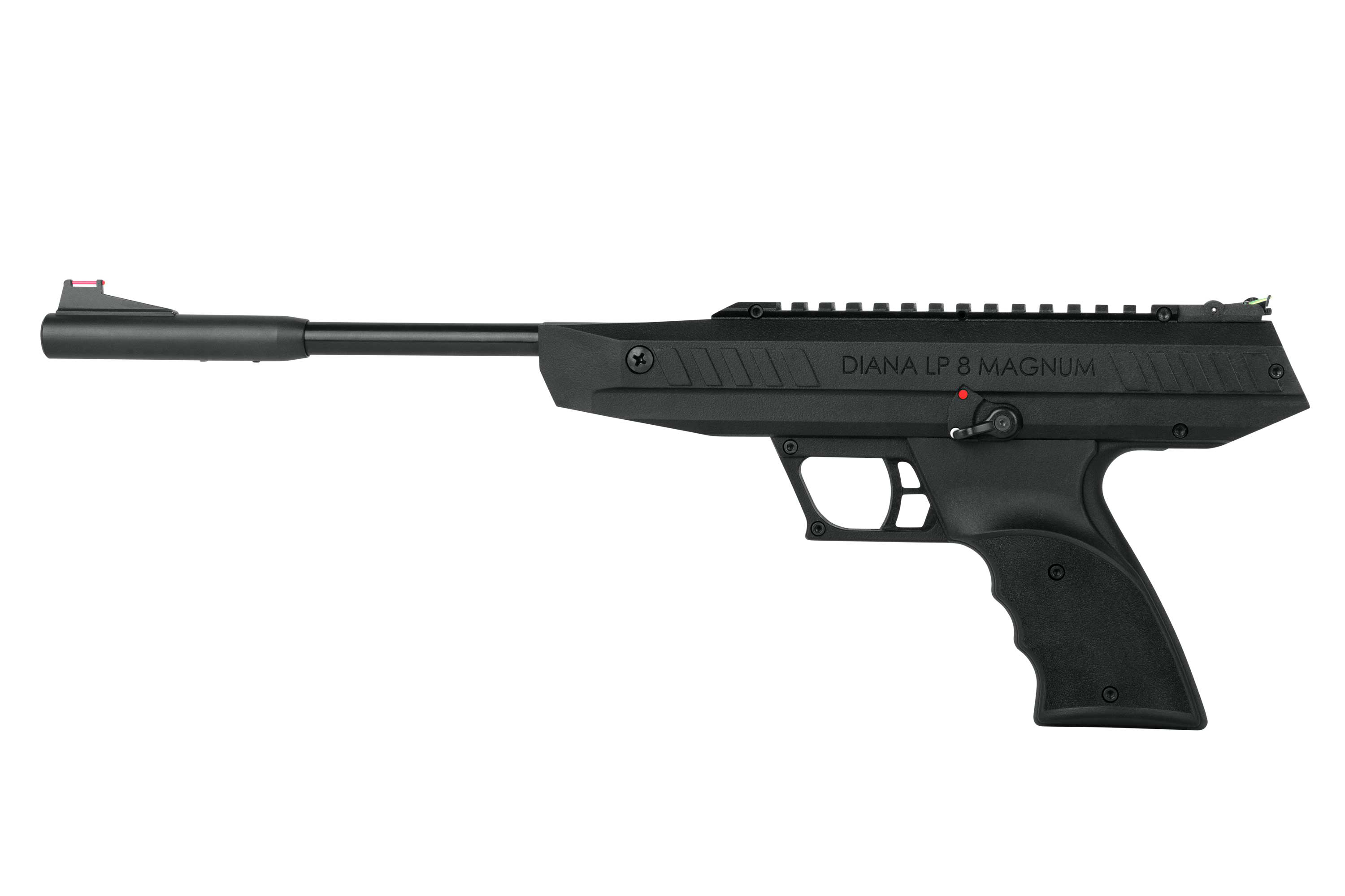 Seitenprofil einer schwarzen Luftpistole Diana LP 8 Magnum mit langem Lauf, integrierter Schiene und ergonomischem Griff.