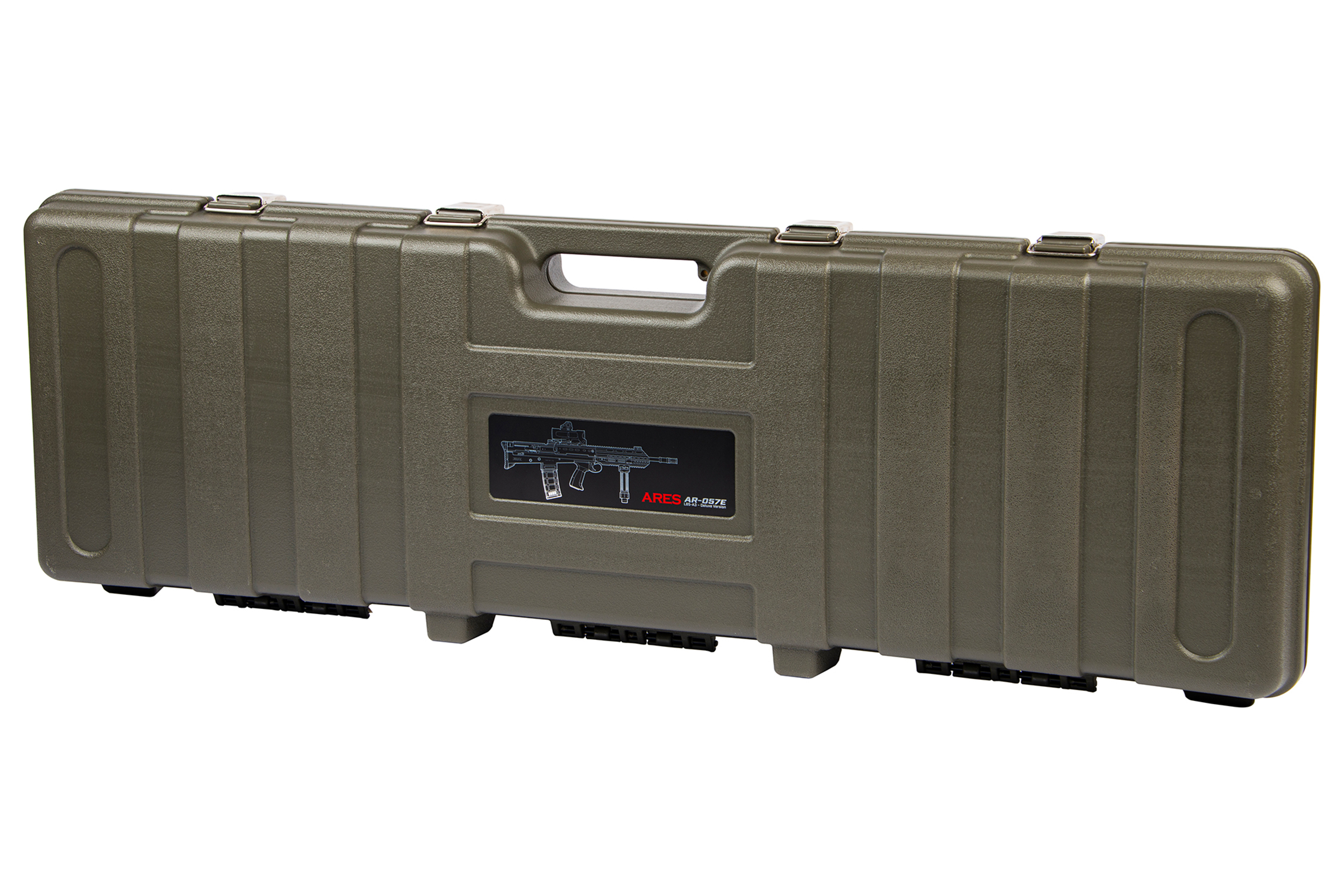Olivgrüner Hartplastik-Gewehrkoffer von Ares für AR-057E-Modelle mit robustem Design für die sichere Aufbewahrung von Schusswaffen.