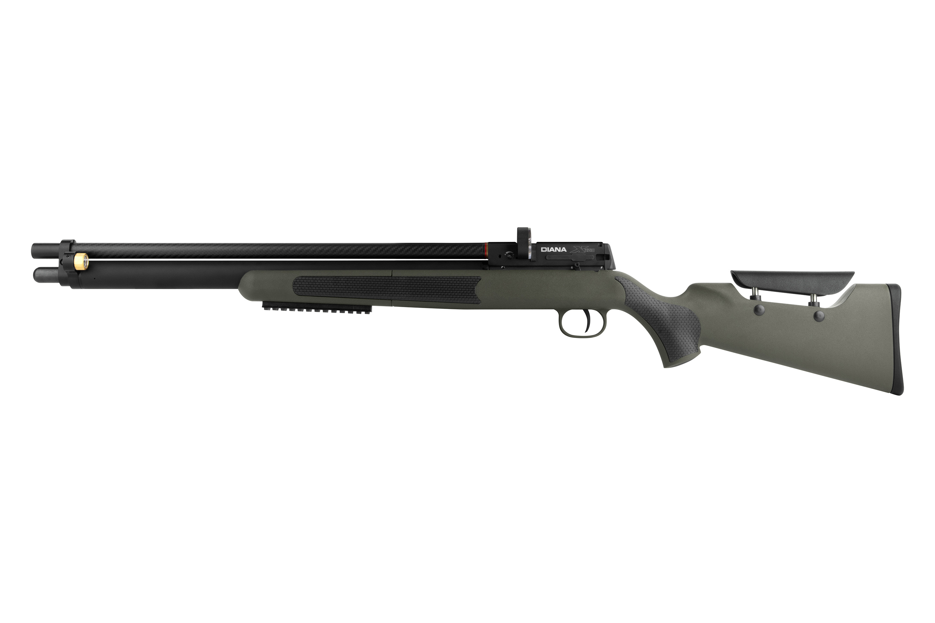 Diana Stormrider PCP-Luftgewehr in Olivgrün mit schwarzer Carbonfaser-Laufabdeckung und verstellbarer Backe.