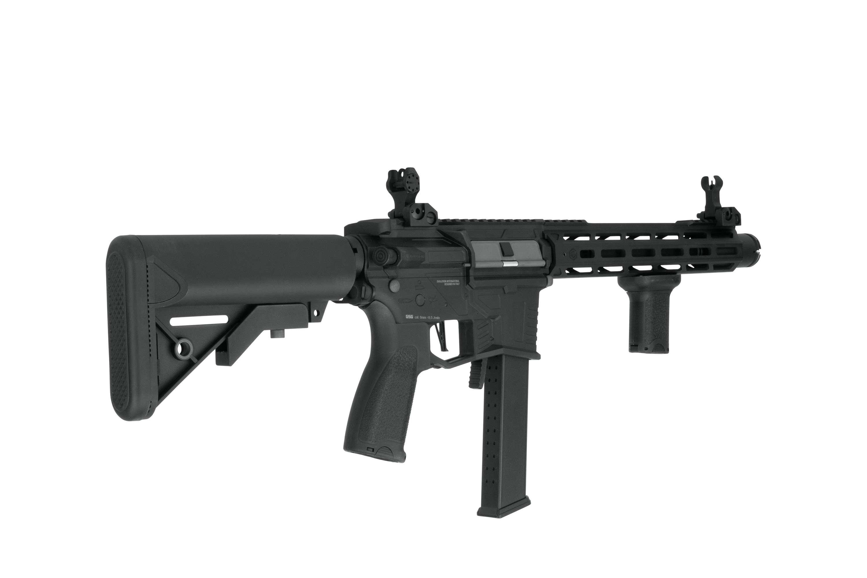 Schwarzes taktisches Airsoft-Karabinergewehr mit M-LOK-Handschutz, vertikalem Vordergriff und verstellbarem Schaft auf dunklem Hintergrund.