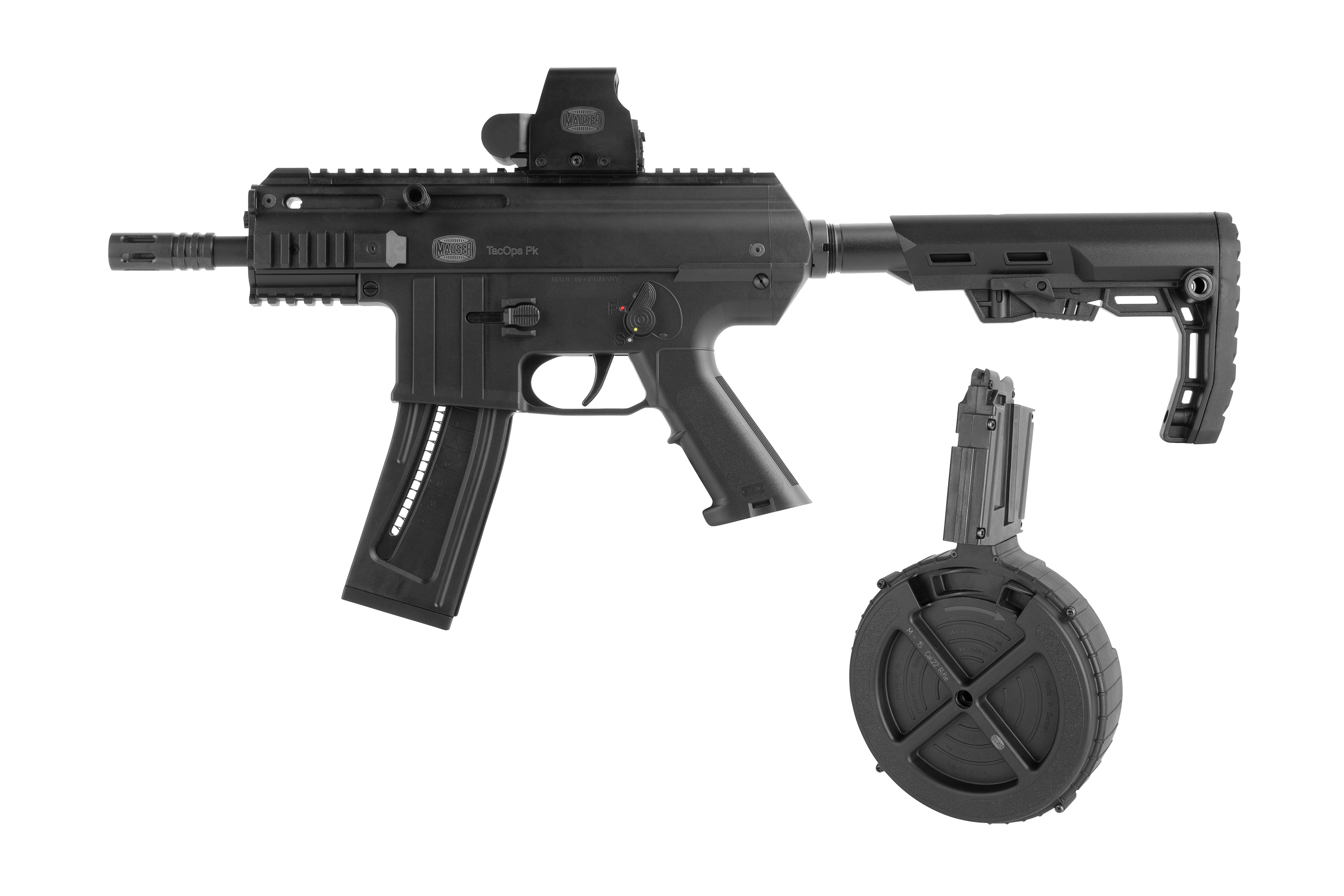 Umarex TacOps PK Luftpistole mit verstellbarem Schaft und abnehmbarem Magazin, im taktischen Design in Schwarz.