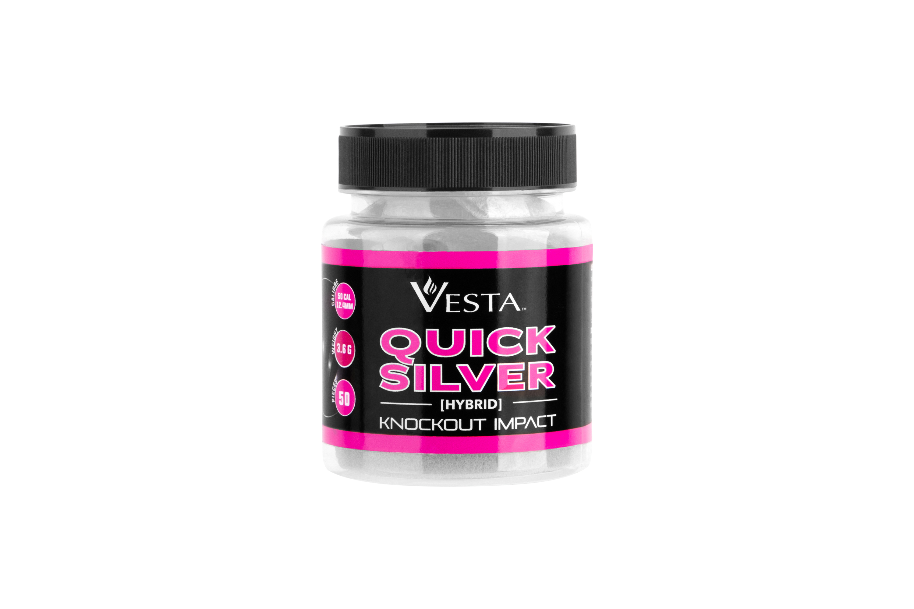 Ein Kunststoffbehälter mit Vesta Quick Silver Hybrid-Luftgewehrkugeln mit schwarzem Deckel und rosa-schwarzem Produktetikett.