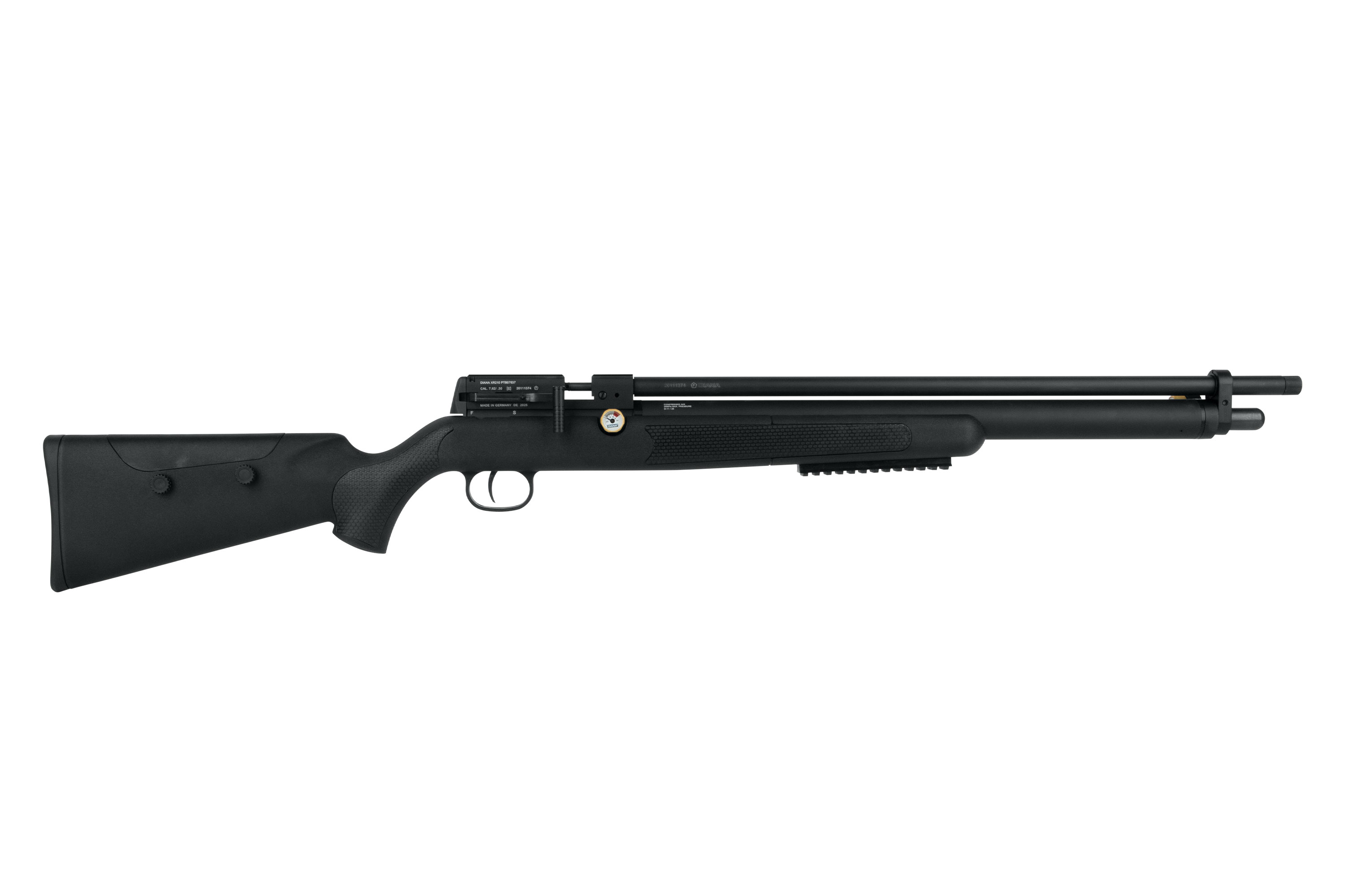 Schwarzes Luftgewehr mit schlankem Design, Zielfernrohrmontage und ergonomischem Schaft für verbesserte Schussgenauigkeit.